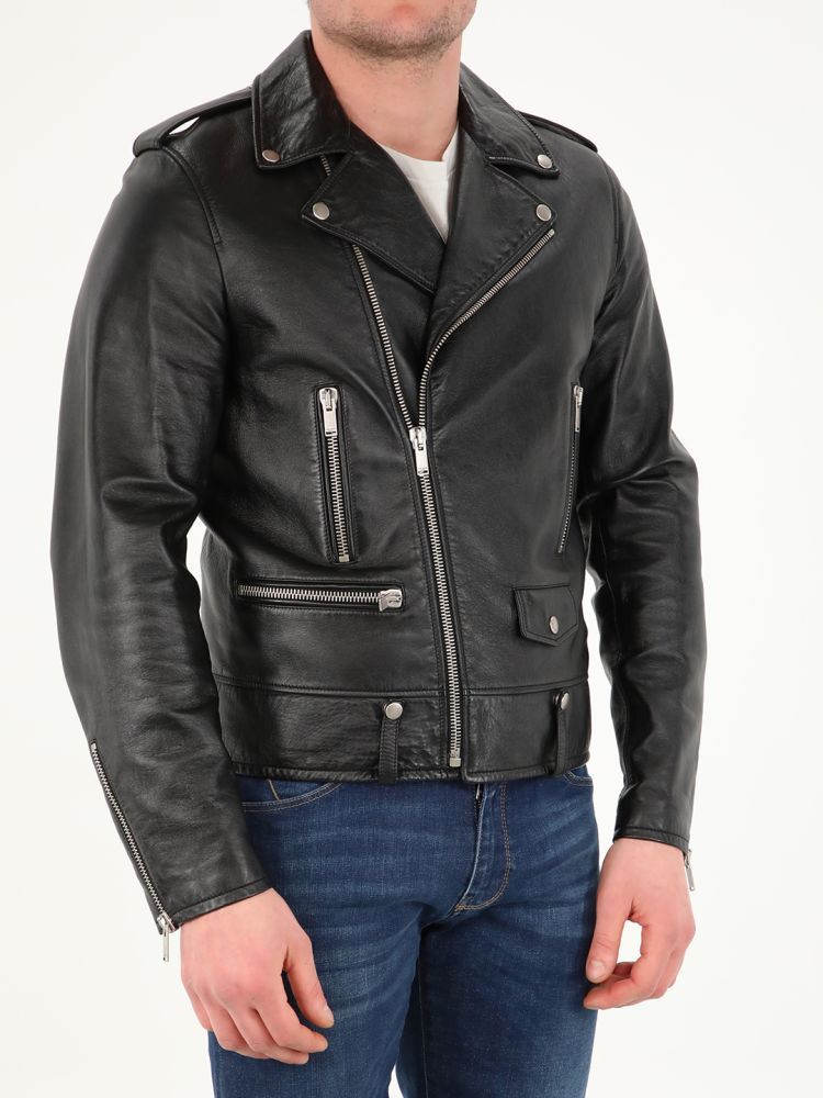 'Classic motorcycle' leather biker jacket with a zip closure and silver hardware.