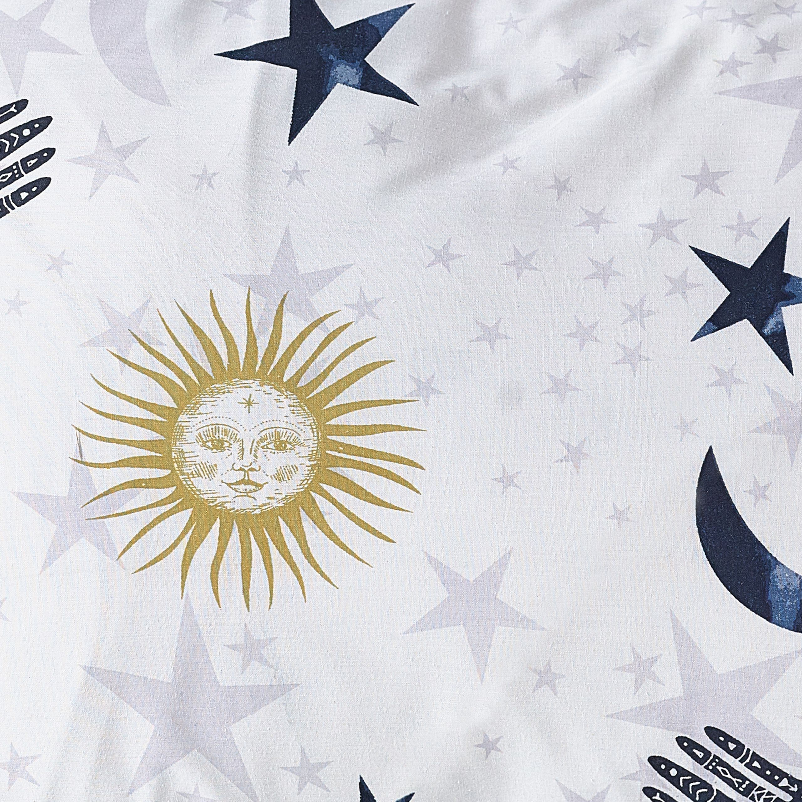 Make your bedroom mystical with this Stargazer duvet set. Featuring a galaxy of suns, moons and stars surrounded by mystical eyes and zodiacs constellations. The magic continues to the reverse with a complimenting design of twinkling stars on a darker base so you can switch the look when you need to.