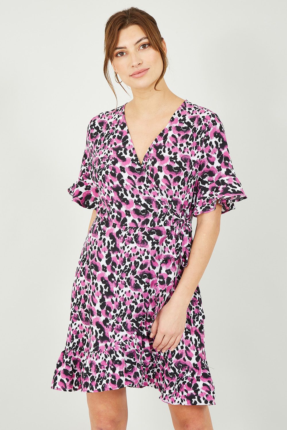 Mela Pink Leopard Print Wrap Skater Dress