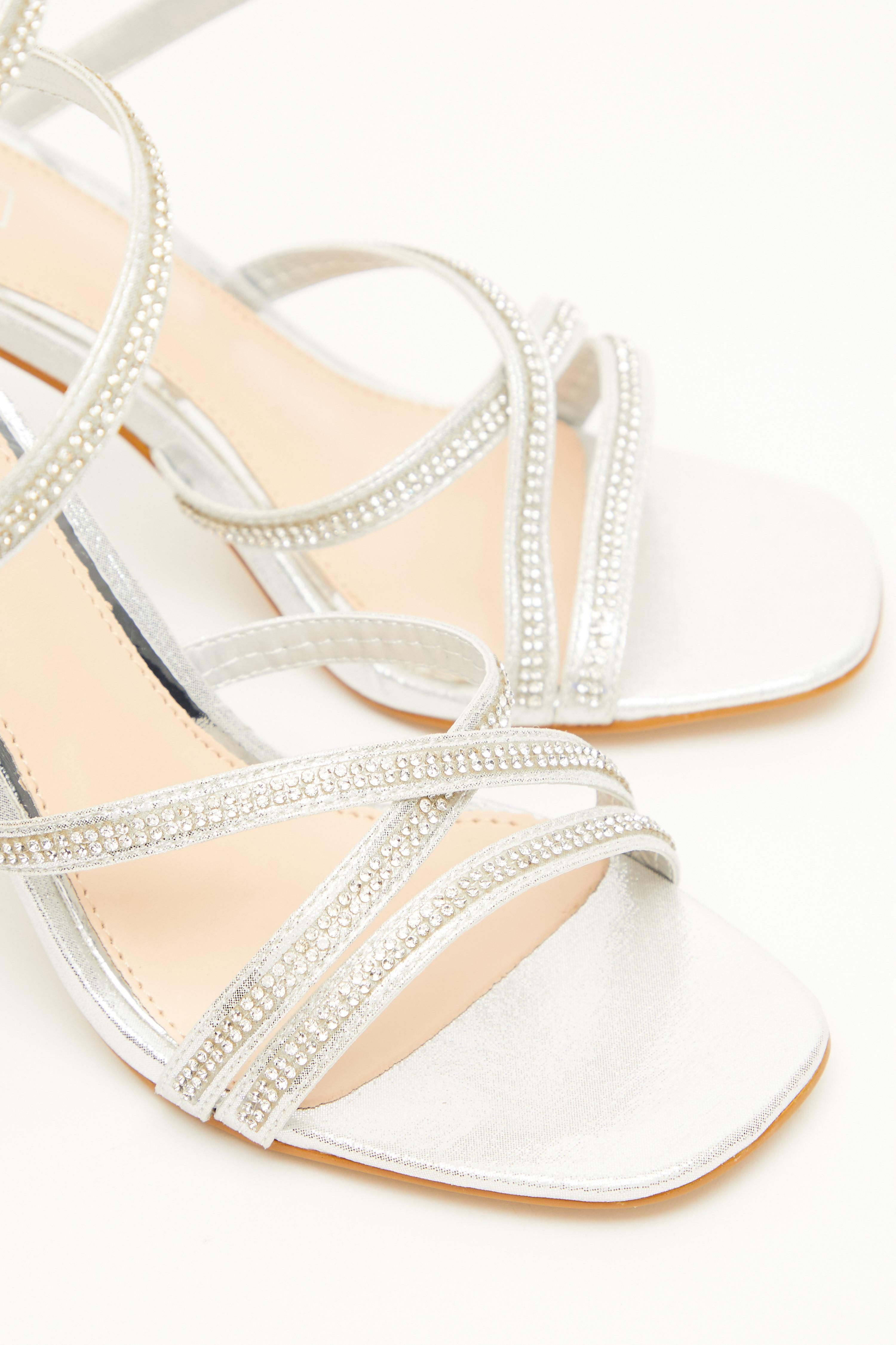 Silver Diamante Ankle Tie Heeled Sandals