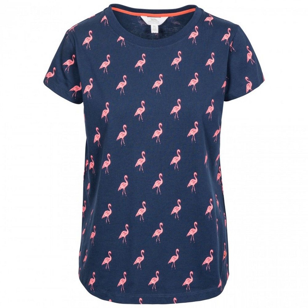 All over print with Birds or Flamingo design. Round neck. Lightweight material with contrast back neck tape. 60% Polyester, 40% Cotton.