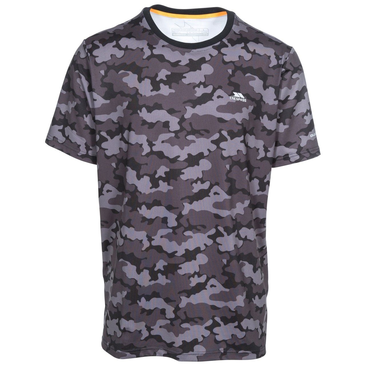 All over print. Short sleeve. Round neck. Reflective logos. Wicking. Quick dry. 90% Polyester, 10% Elastane. Trespass Mens Chest Sizing (approx): S - 35-37in/89-94cm, M - 38-40in/96.5-101.5cm, L - 41-43in/104-109cm, XL - 44-46in/111.5-117cm, XXL - 46-48in/117-122cm, 3XL - 48-50in/122-127cm.
