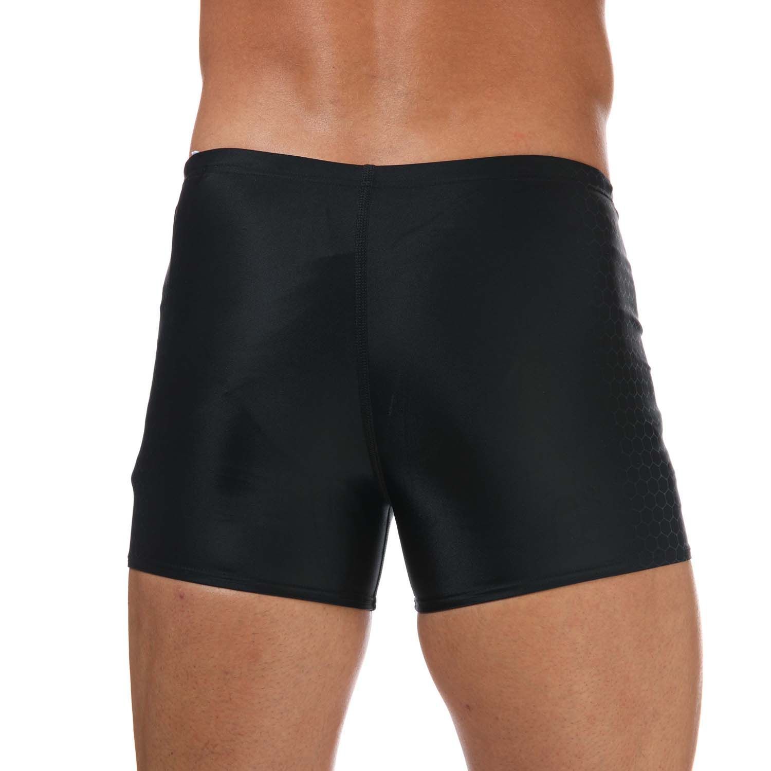 Mens Speedo Placement Aquashort in black grey.- Elastic waistband with adjustment.- Chlorine-resistant material.- Higher material density.- Quick drying.- UNIQUE colorful graphics.- Manufacturer's logo.- Body: 78% Nylon  22% Elastane. Lining: 100% Polyester.- 8124249023