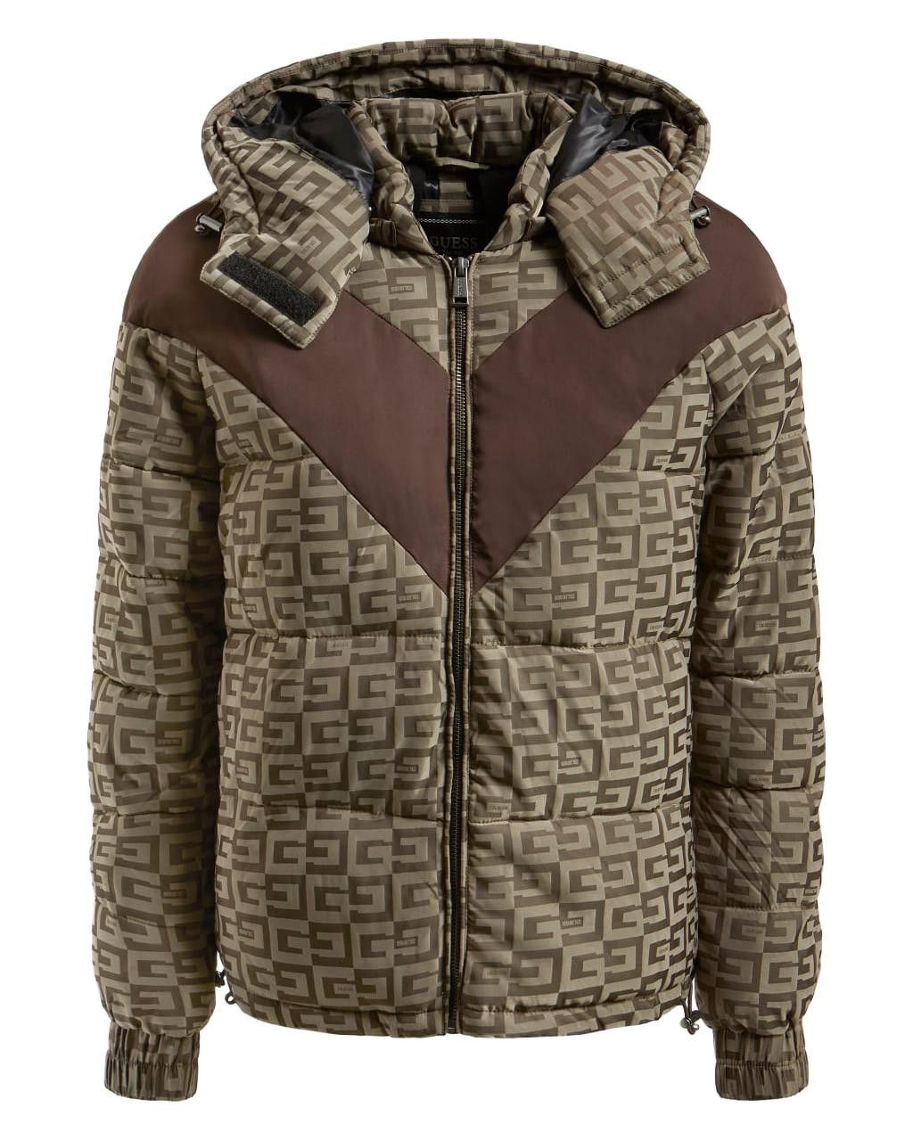 Brand: Guess. Gender: Women. Type: Jackets. Season: Fall/Winter. PRODUCT DETAIL • Colour: brown; Pattern: print; Fastening: with zip; Sleeves: long; Collar: hood. COMPOSITION AND MATERIAL; Composition: -100% polyester;  Washing: machine wash at 30°.