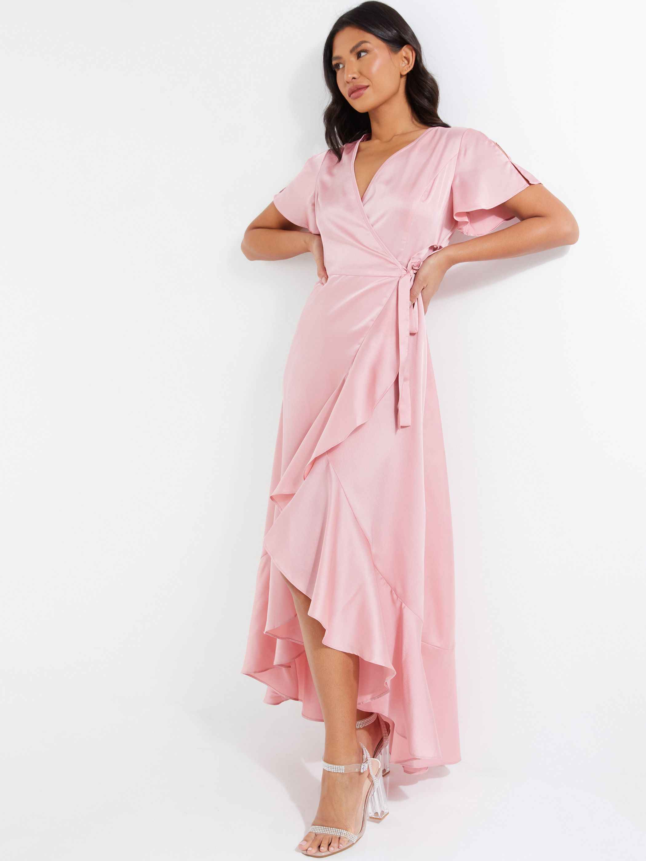 Pink Satin Wrap Maxi Dress