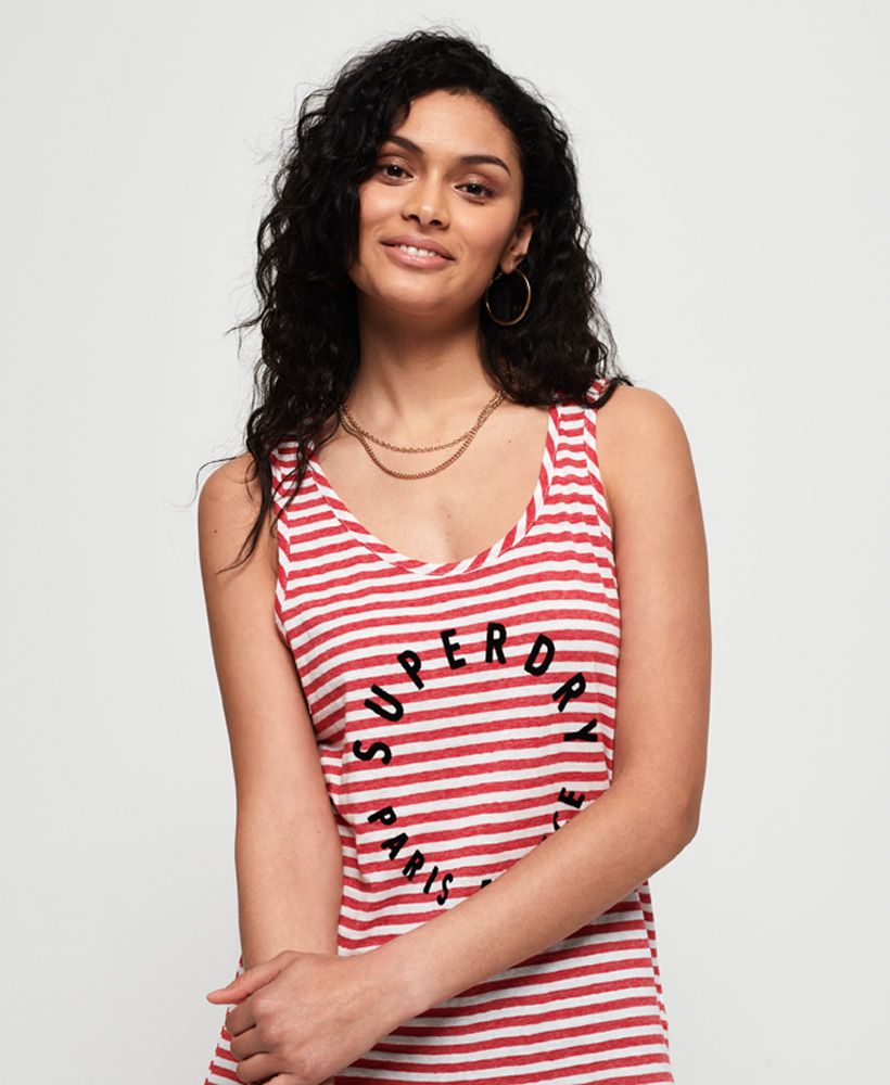 Superdry women's Coast stripe graphic vest. This lightweight vest is a must have for warmer days, featuring a logo graphic on the front and small logo tab on the hem. Style with a pair of denim shorts and trainers for the everyday.