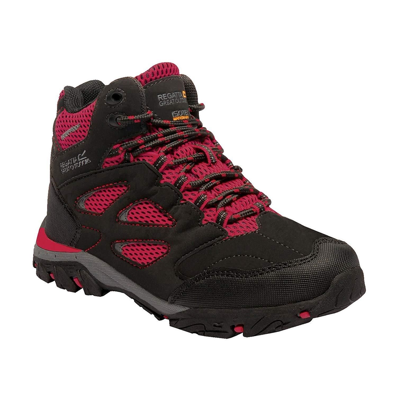 85% Polyurathane, 15% Polyester. Childrens hiking boots made of Isotex waterproof material. Seam sealed with internal membrane bootee liner. Hydropel water resistant technology. Enclosed hardwear for reduced trip hazard. Abrasion toe and heel bumpers. EVA comfort footbed. Stabilising shank technology - (sizes 13 UK Child/32 EU and above). Internal EVA Pocket for underfoot comfort and reduced weight. New rubber outsole with self cleaning properties, angled lugs for propulsion, braking and larger heel grip to spread impact.