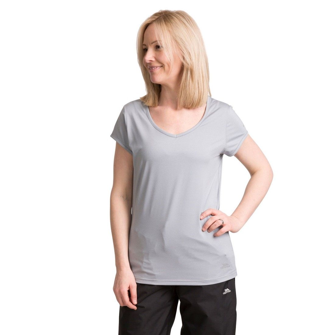 Striped marl stretch fabric. Back neck binding. V-neck. Short sleeves. Coverstitching. Duoskin. Quick dry. 4 way stretch. 200gsm. 90% Polyester, 10% Elastane. Trespass Womens Chest Sizing (approx): XS/8 - 32in/81cm, S/10 - 34in/86cm, M/12 - 36in/91.4cm, L/14 - 38in/96.5cm, XL/16 - 40in/101.5cm, XXL/18 - 42in/106.5cm.