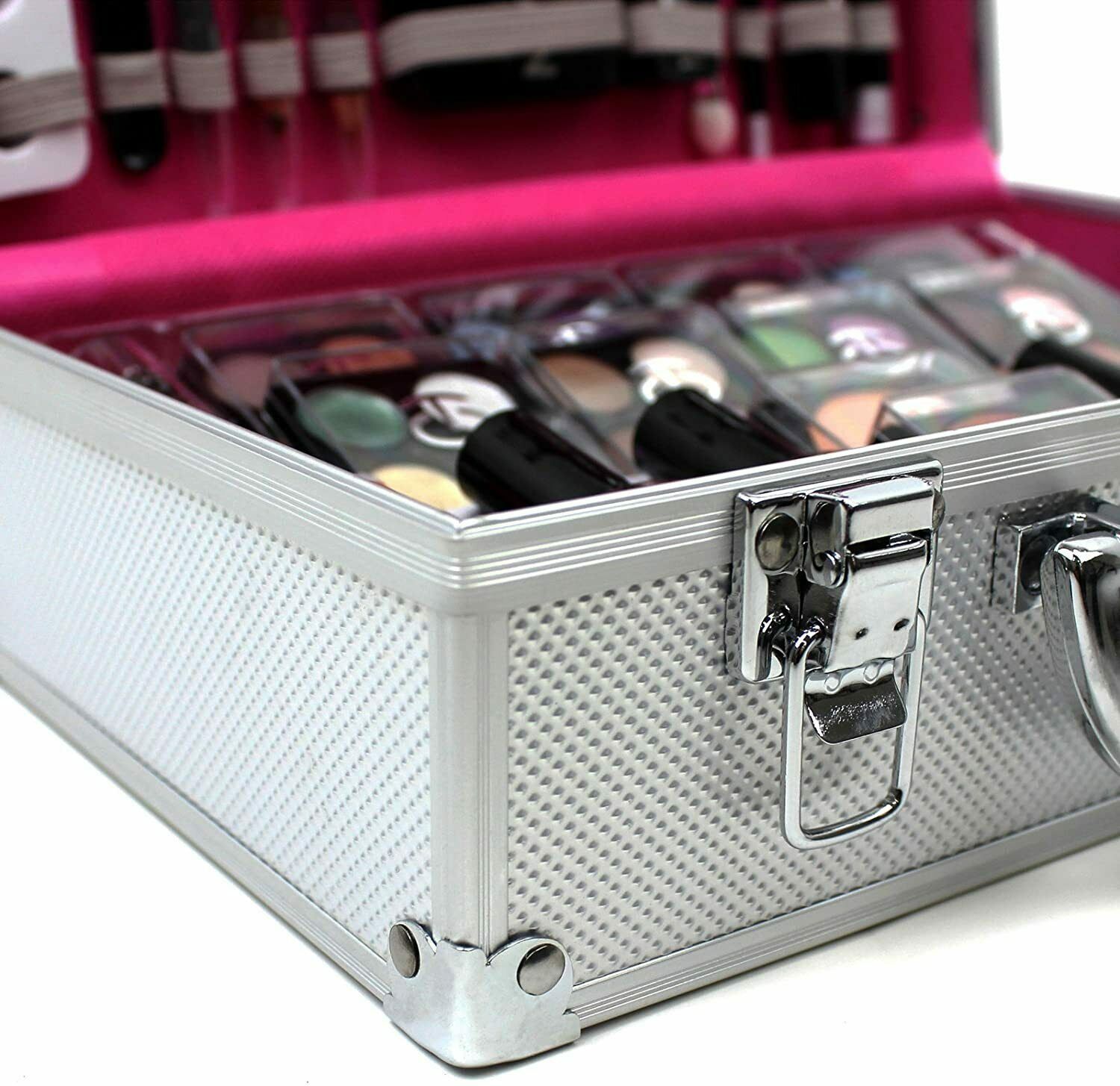 Love Urban Beauty Box Vanity Case Cosmetic Make Up Storage 60 Piece.  With this Urban Beauty 60 Piece Vanity Case, you can have everything a young woman needs to look their best, no matter what your taste. This set is perfect both for people just starting to take an interest in cosmetics, with a wide range of makeup in an array of shades to help you find the look that suits you best, as well as catering to the more experienced, allowing them to experiment with more daring combinations whilst still having their favorites at hand. 

This set comes presented in a stylish and sturdy vanity case, that not only makes this set ideal for giving you a great new look, but also for taking this set with you wherever you go. The brushes are specially designed to give you a precise and tailored look, allowing you to add just the right layer of definition to perfect your image. So whatever you are looking for, whether at home or away, this Urban Beauty Vanity Case is just the thing for solving all of your cosmetic needs.

Product Features : 

All women's essentials in one elegant box.
A great gift for any occasion.
Includes a convenient compact, ideal for the handbag on nights out.
Box Contains :
8x Eyeshadow Quad Palettes (32 Individual Colours) 
4x cream eyeshadows 
2x Blushes 
2x Lipglosses 
2x Lipsticks
4x Nail Polish 1x double-ended Eye Pencil 
1x double-ended Eye Pencil 
1x Eyebrow Pencil 
1x double-ended Lip Pencil 
1x Mascara 
2x double-ended applicators 1x Blusher Brush 
1x Selection Nail Stickers 
1x Pencil Sharpener 
1x Toe Separator 
1x Nail File 
1x Nail Clipper And an elegant, re-useable, silver case (with an in-built mirror) to hold all your cosmetic essentials
