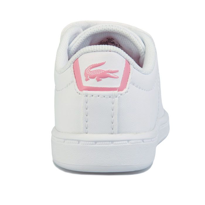 Infant Girls Lacoste Carnaby Evo Trainers in white pink.- Synthetic upper.- Hook and loop fastening.- Lightly padded collar.- Lacoste branding to the side  heel and tongue.- Cushioned Ortholite® insole.- Synthetic Upper  Textile Lining  Synthetic Sole.- Ref: 737SUI0012B53