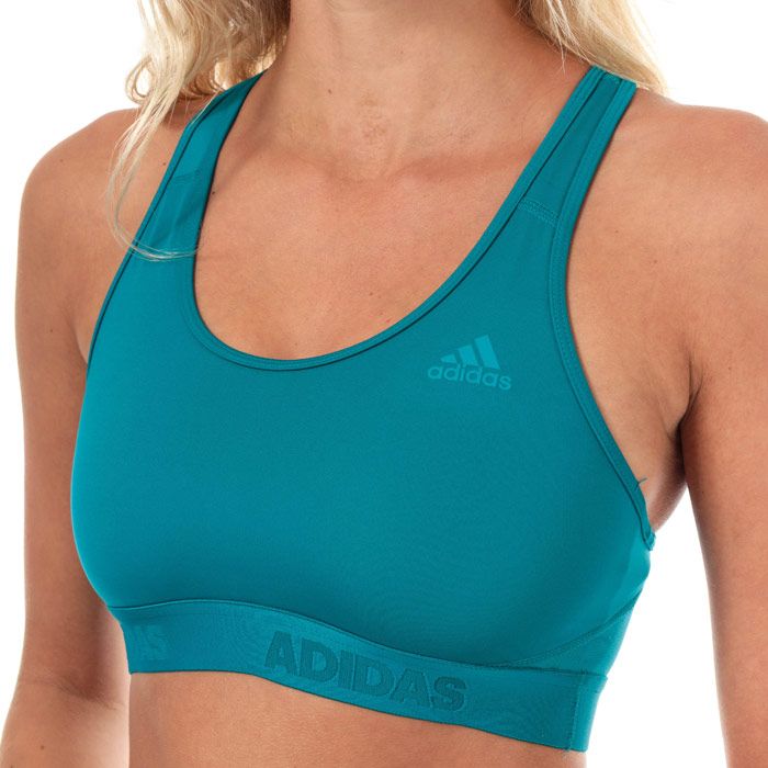 Womens adidas Don’t Rest Alphaskin Sport Bra in active teal.<BR><BR>Ventilating sports bra with medium support.<BR>- climacool helps keep you cool and dry.<BR>- Alphaskin performance fabric wraps around your body like a second skin.<BR>- Scoop neck.<BR>- Pullover design.<BR>- Breathable mesh back panel.<BR>- Racer back.<BR>- Flatlock seams reduce chafing and skin irritation.<BR>- Elastic bottom band with jacquard adidas branding.<BR>- adidas Badge of Sport logo printed at left chest.<BR>- UPF 50+ UV PROTECTION.<BR>- Medium support.<BR>- Compression fit.<BR>- Front body: 83% Recycled polyester  17% Elastane. Back body: 80% Recycled polyester  20% Elastane. Machine washable.<BR>- Ref: EA3226