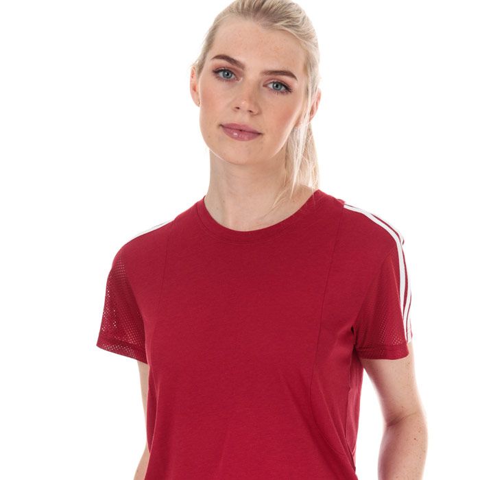 Women's adidas 3Stripes Mesh Sleeve TShirt in Burgundy