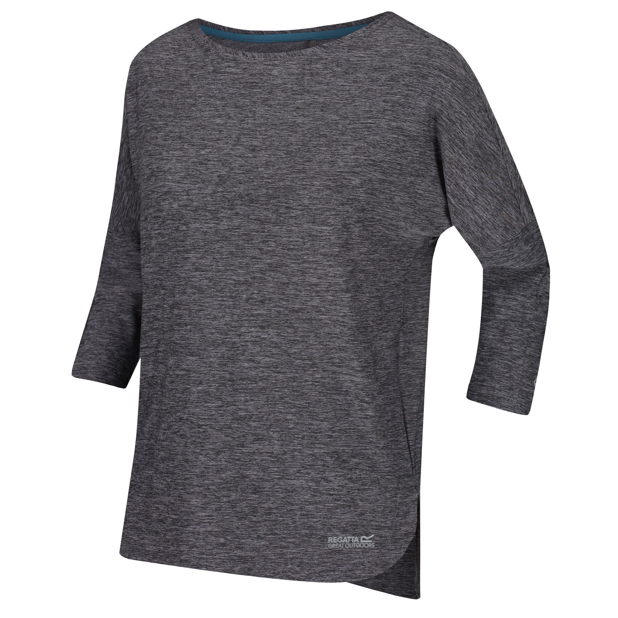 Material: 92% polyester & 8% elastane marl fabric. 3/4 length sleeve. Good wicking performance. Round neckline. Relaxed fit.