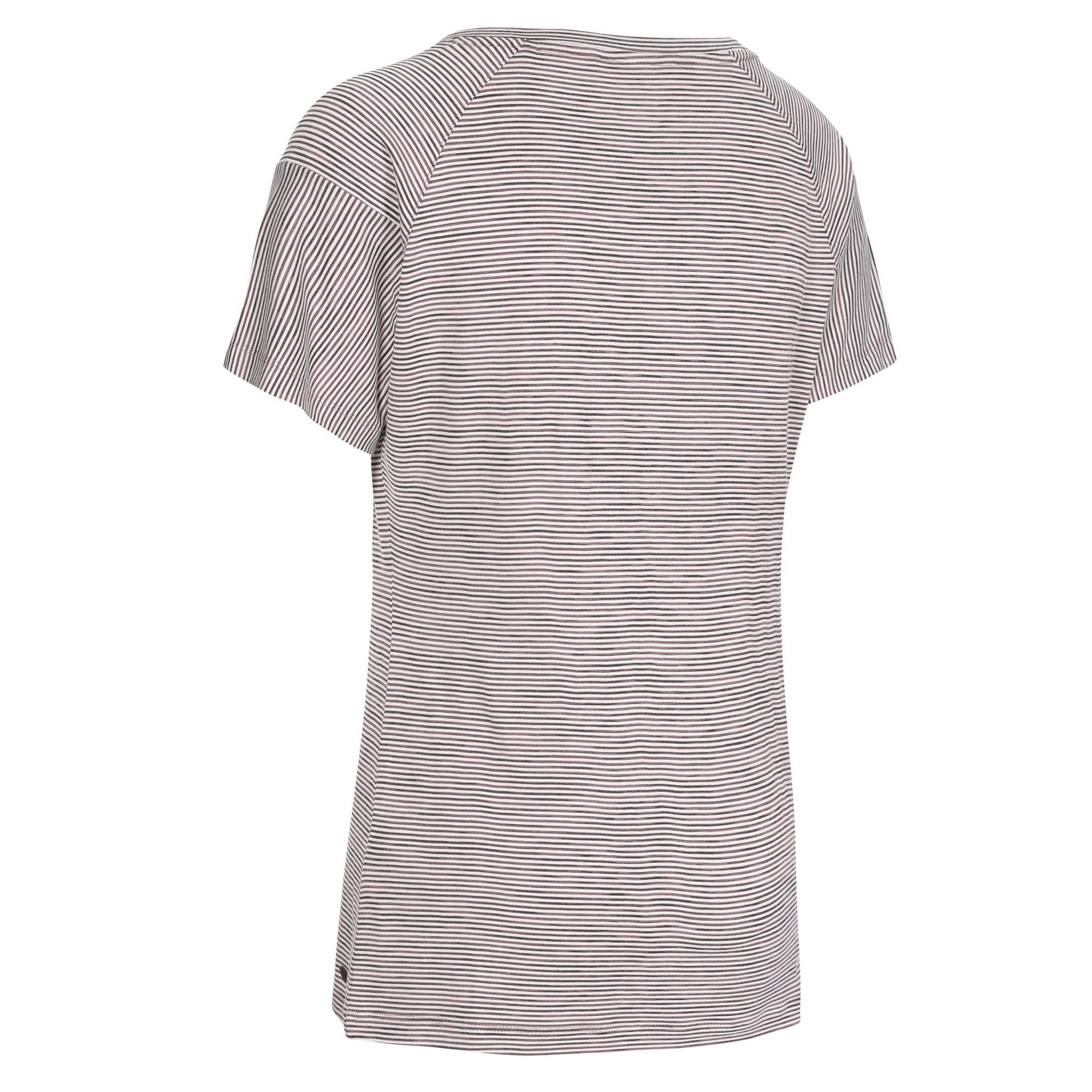 55% Polyester, 41% Rayon, 4% Spandex. V neck. Short sleeve raglan. Yarn dyed stripe. Quick dry. Trespass Womens Chest Sizing (approx): XS/8 - 32in/81cm, S/10 - 34in/86cm, M/12 - 36in/91.4cm, L/14 - 38in/96.5cm, XL/16 - 40in/101.5cm, XXL/18 - 42in/106.5cm.
