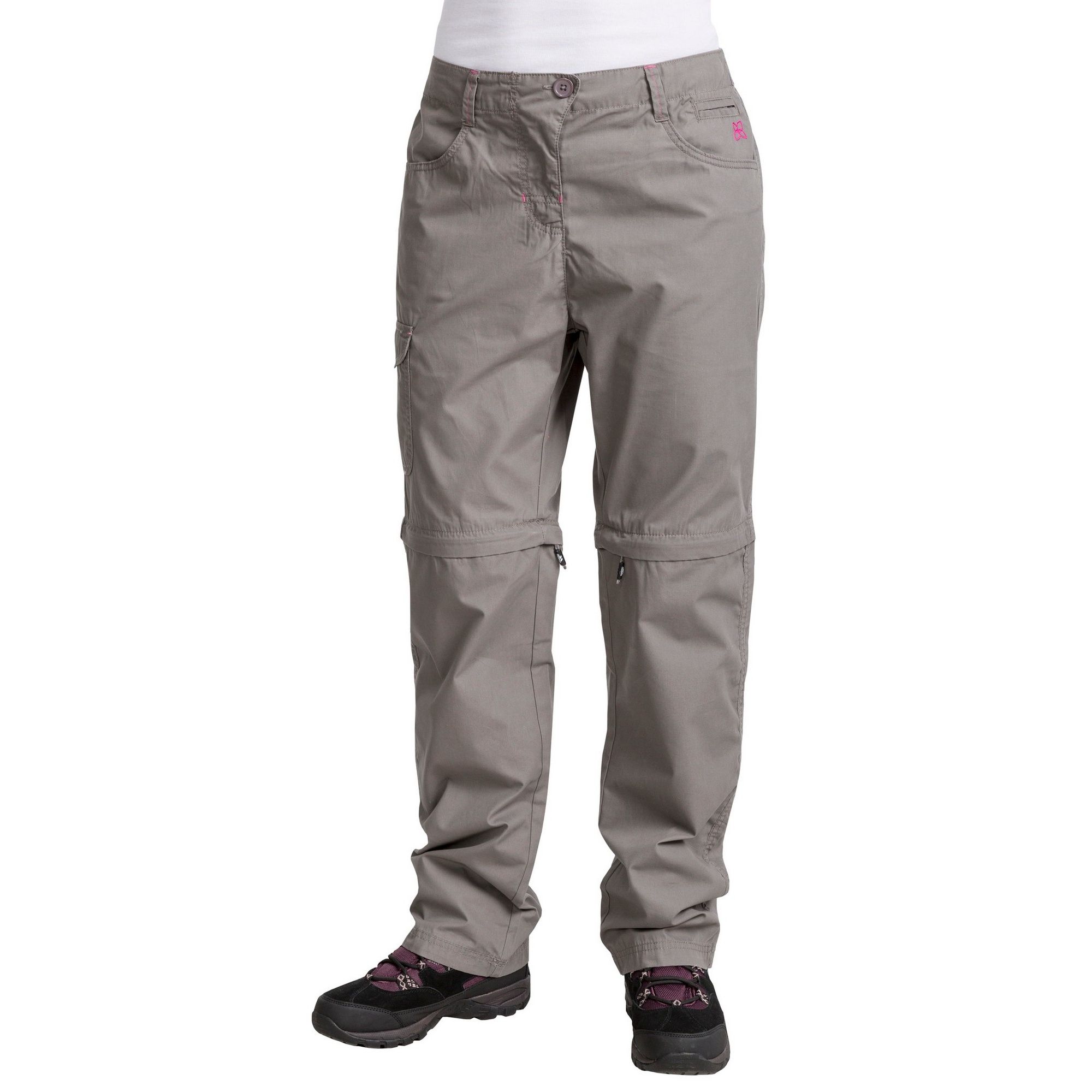 Adjustable waist with back elastic. Belt loops. 4 pockets. Zip off legs for mid length shorts. UV 40+. Water repellent DWR. 65% Polyester, 35% Cotton, peached, garment washed. Trespass Womens Waist Sizing (approx): XS/8 - 25in/66cm, S/10 - 28in/71cm, M/12 - 30in/76cm, L/14 - 32in/81cm, XL/16 - 34in/86cm, XXL/18 - 36in/91.5cm.