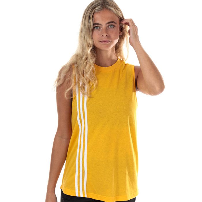 Womens adidas Must Haves 3-Stripes Tank Top in active gold - white.<BR><BR>- Ribbed crew neck. <BR>- Sleeveless.<BR>- Curved hem.<BR>- Applied 3-Stripes over right shoulder from front to back.<BR>- adidas Badge of Sport logo printed at back neck.<BR>- Branded back neck tape.<BR>- Loose fit.<BR>- Measurement from shoulder to hem: 25“ approximately.  <BR>- Main material: 50% Recycled polyester  25% Cotton  25% Viscose.  Machine washable.<BR>- Ref: EB3817<BR><BR>Measurements are intended for guidance only.