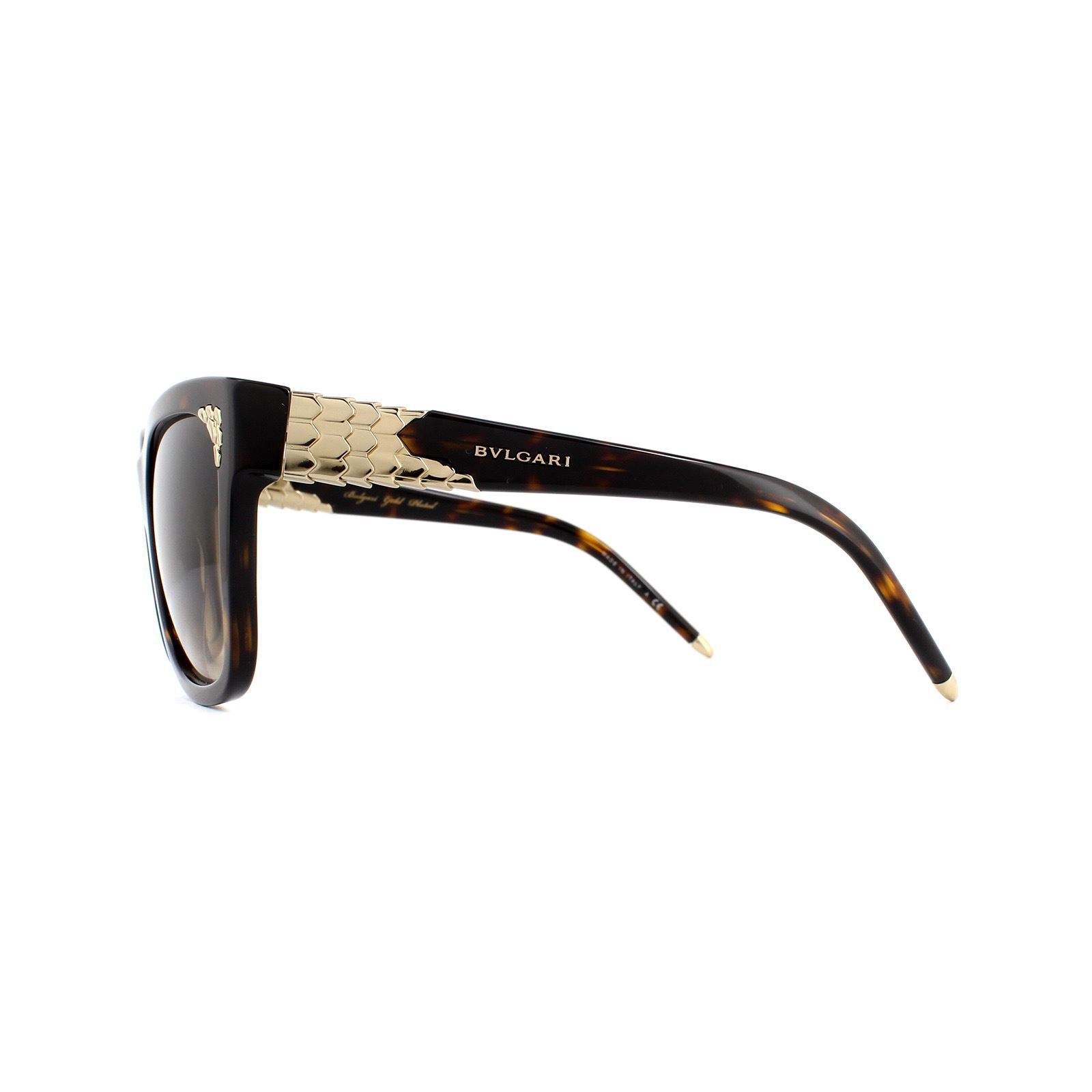 Bvlgari Sunglasses BV8134K 504/13 Dark Havana Brown Gradient are elegant square style sunglasses for women featuring Bvlgari's honeycomb pattern on the temples and lens corners. The Bvlgari logo is showcased on the temples for brand recognition.