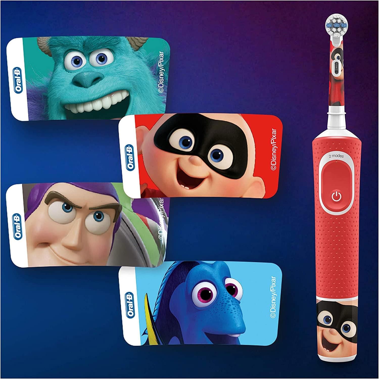 Oral-B Kids 3+ Pixar Electric Toothbrush Giftset with Travel Case.  The Oral-B Kids electric toothbrush for ages 3+ entertains children with Disney Pixar characters stickers while offering gentle and effective cleaning with a toothbrush recommended by Oral-B dentists. With a unique function for brushing sensitive children's teeth, this toothbrush gently cleanses children's teeth. Removes more plaque than a simple manual toothbrush. Includes four stickers from Disney Pixar characters to decorate the handle.

Features: 
 
   Specially designed to be soft with baby teeth
   Round toothbrush head with an ideal size for small mouths Extremely soft fibres that are soft on the gums
   Suitable for ages 3+
   Decorate the brush handle with 4 stickers from Disney Pixar characters
   Works with Oral-B Disney Magic Timer app
   Rechargeable battery for charging that lasts 8 days
   Encourages brushing for 2 minutes with the built-in timer

The Box contains: 1x electric toothbrush, 4x sticker for the body of the brush, 1x replacement stages powerhead, 1x travel case with a motif, 1x charging station