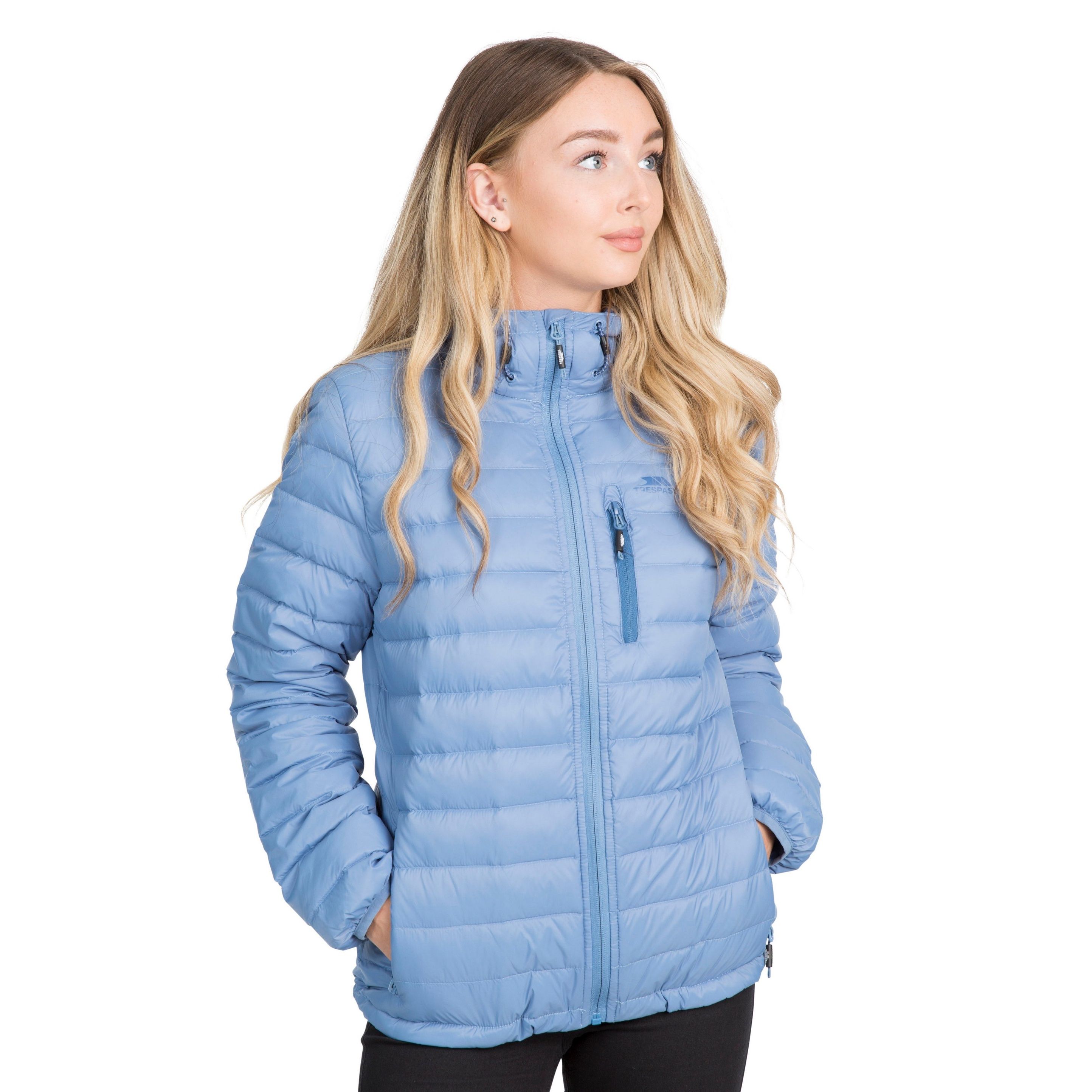 Ultra lightweight jacket. Grown on adjustable hood. Contrast zipped chest pocket. 2 zipped lower pockets. Low profile front zip. Drawcord at hem. Stuff sack in pocket. Shell: 100% Polyamide 380T, Lining: 100% Polyamide 380T downproof lining, Filling 80% Down, 20% Feather. Trespass Womens Chest Sizing (approx): XS/8 - 32in/81cm, S/10 - 34in/86cm, M/12 - 36in/91.4cm, L/14 - 38in/96.5cm, XL/16 - 40in/101.5cm, XXL/18 - 42in/106.5cm.