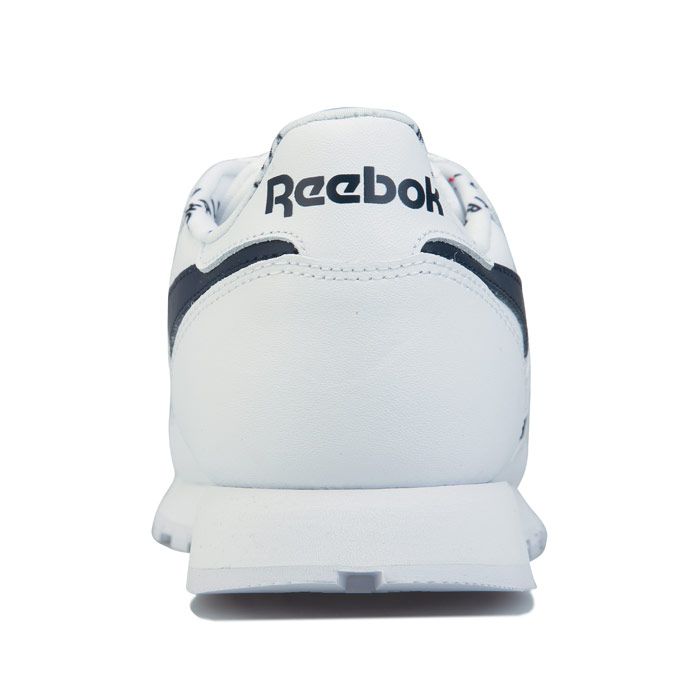 Mens Reebok Classics Classic Leather Trainers in White navy. – Soft leather upper. – Regular fit. – Die-cut EVA midsole for lightweight cushioning. – Contrast side stripes. – Iconic logo windows root them in sport. – Rubber outsole. – Leather and synthetic upper – Synthetic and textile lining – Synthetic sole. – Ref: FV9303