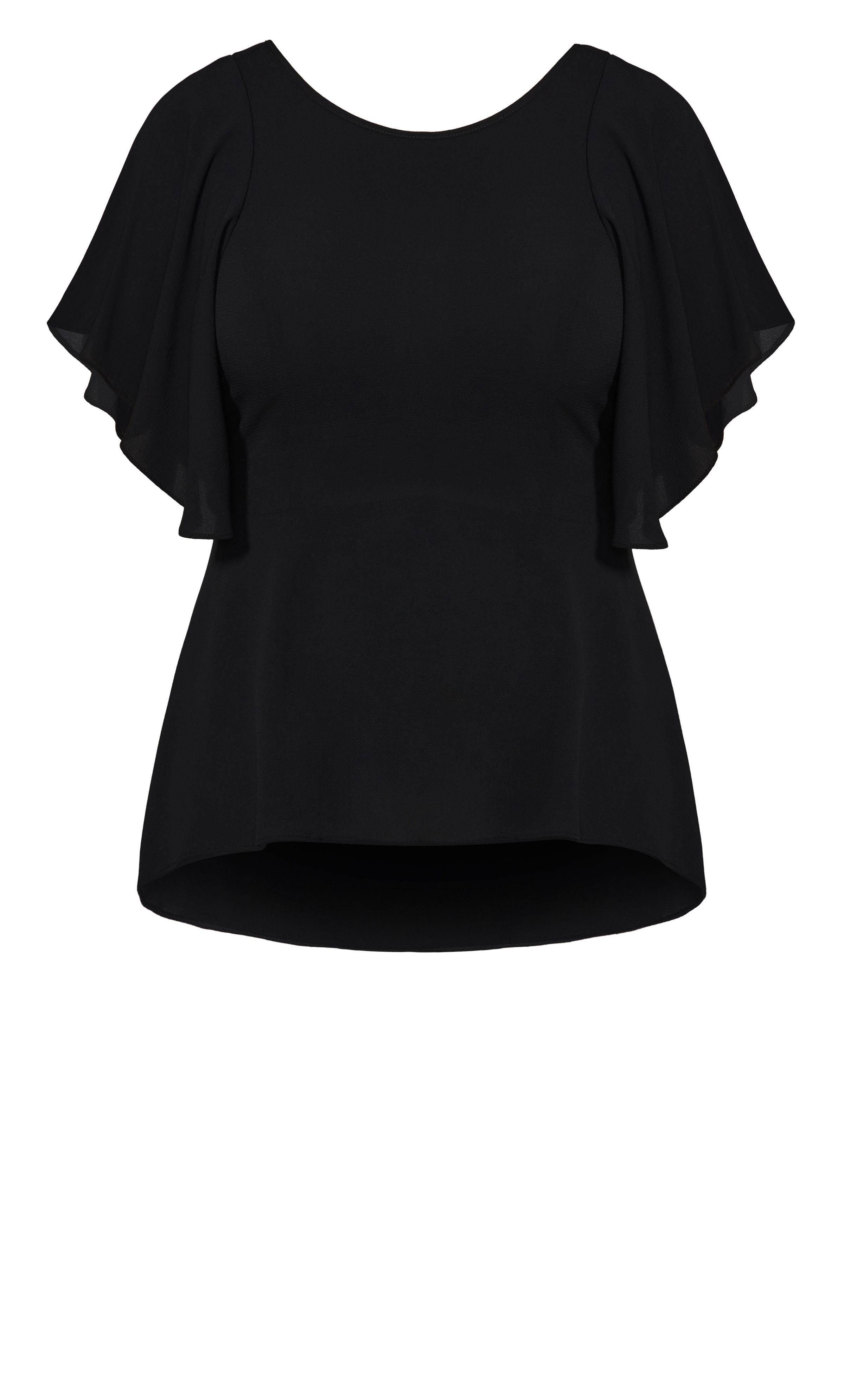 Set the mood in the feminine stylings of our Romantic Mood Top. Offering a flattering flared silhouette and floaty flutter sleeves, this top adds a touch of flirtation to any outfit! Key Features Include: - Round neckline - Floaty open short sleeve - Fitted waist - Peplum shape - Hi-lo hemline - Low V back - Lightweight woven fabrication - Unlined For elevated work wear, style this top with tailored trousers and pumps. Spice it up for the evening with leather look trousers and minimalist heels.