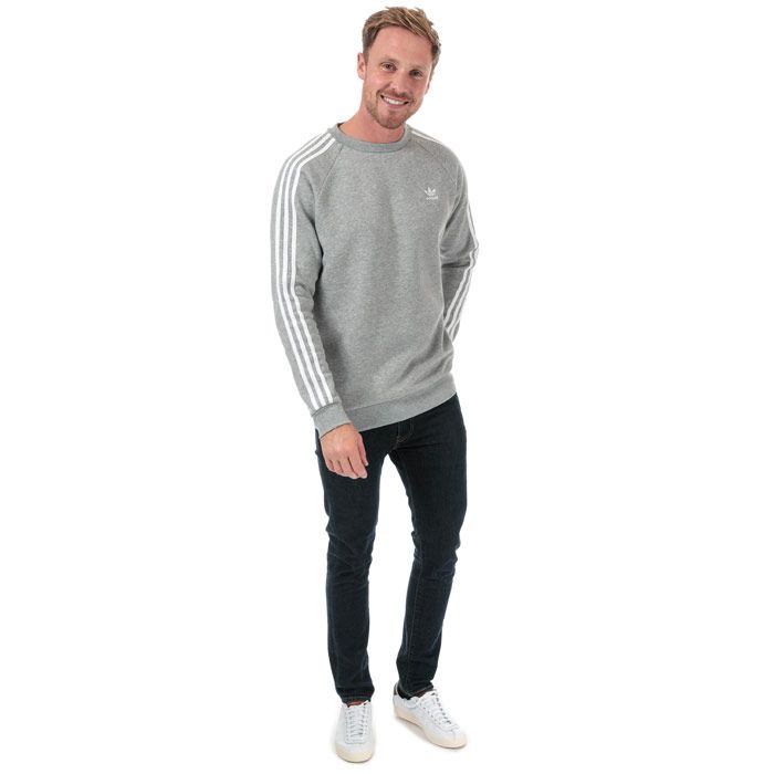 Mens adidas Originals 3-Stripes Crew Neck Sweatshirt in medium grey heather.<BR><BR>- Ribbed crew neck.<BR>- Long raglan sleeves with applied 3-Stripes.<BR>- Embroidered Trefoil logo at left chest.<BR>- Ribbed cuffs and hem.<BR>- Tonal back neck tape.<BR>- Regular fit.<BR>- Main material: 77% Cotton  23% Recycled polyester.  Rib: 95% Cotton  5% Elastane.  Machine washable.<BR>- Ref: ED6016