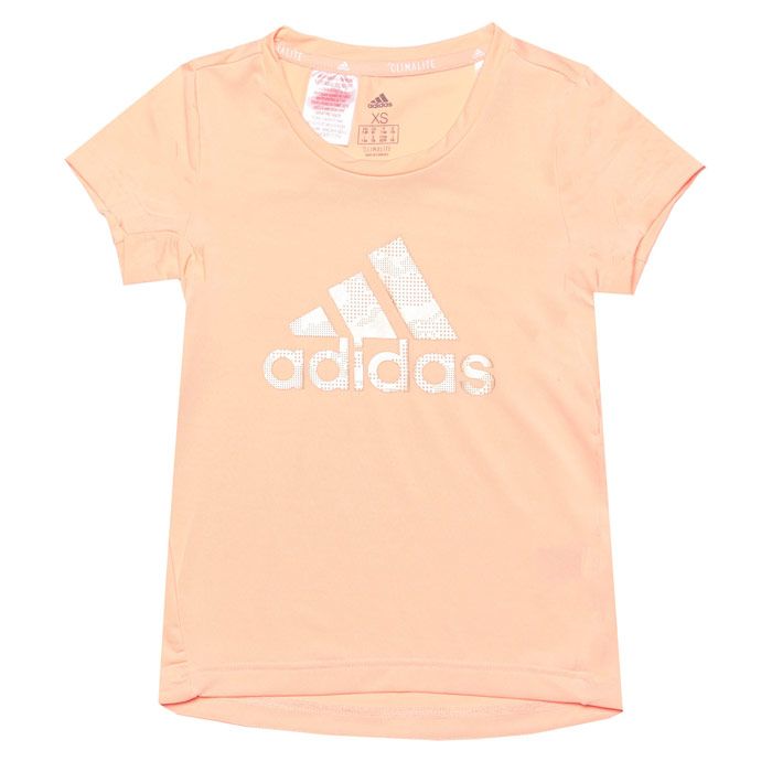 Infant Girls adidas Holiday T-Shirt in glow pink - copper metallic.<BR><BR>- climalite® fabric sweeps sweat away from your skin.<BR>- Crew neck.<BR>- Short sleeves.<BR>- Metallic adidas Badge Of Sport logo printed to front.<BR>- Slim fit.<BR>- 82% Polyester  18% Elastane.  Machine washable.<BR>- Ref: ED6323