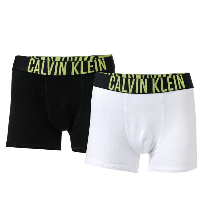 Junior Boys Calvin Klein Intense Power 2 Pack Trunks in white black.- Calvin Klein signature elastic waistband.- Medium rise waist.- 95% Cotton  5% Elastane. Machine washable.- Ref: B70B7003220WS
