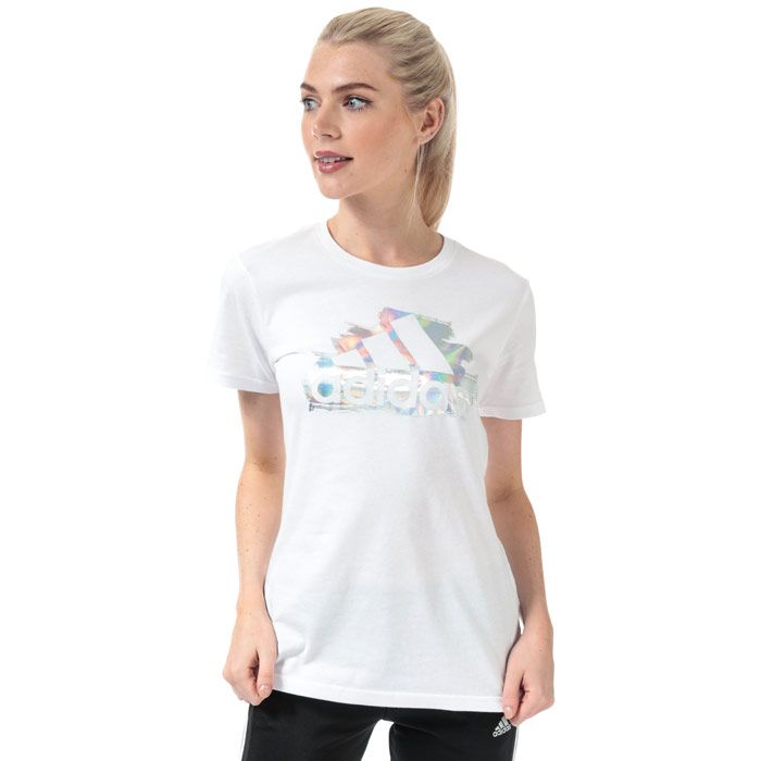 Womens adidas I See You Badge Of Sport T-Shirt in white.<BR><BR>- Ribbed crew neck.<BR>- Short sleeves.<BR>- Holographic adidas Badge of Sport graphic logo to chest.<BR>- Tonal back neck tape.<BR>- Regular fit.<BR>- Measurement from shoulder to hem: 26“ approximately.  <BR>- Main material: 100% Cotton.  Machine washable.<BR>- Ref: ED8145<BR><BR>Measurements are intended for guidance only.