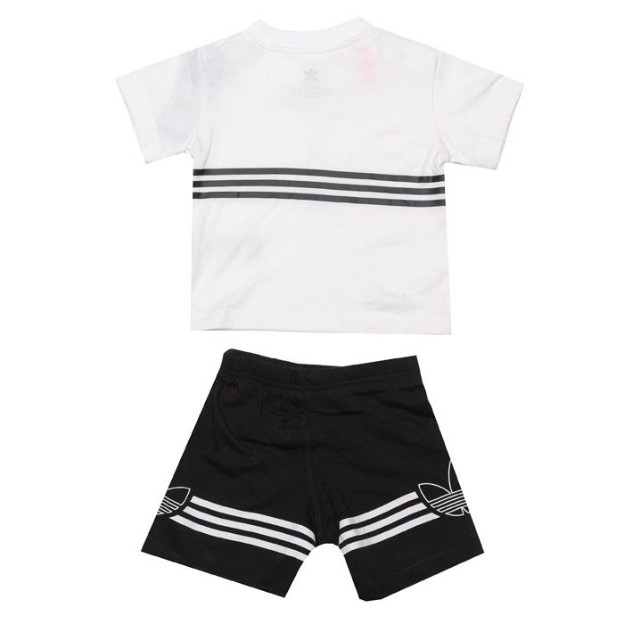 Baby Boys adidas Originals Outline T-Shirt and Shorts Set in white.<BR><BR>T-Shirt:<BR>- Ribbed crew neck.<BR>- Snap button placket at right shoulder for easy on-off (up to size 18 months).<BR>- Short sleeves.<BR>- Outline Trefoil graphic printed at centre chest.<BR>- Regular fit.<BR>- Main material: 100% Cotton.  Machine washable.<BR><BR>Shorts:<BR>- Elasticated waist with inner drawcord.<BR>- Wraparound 3-Stripes print with outline Trefoil graphic.<BR>- Regular fit.<BR>- Main material: 100% Cotton.  Machine washable.<BR>- Ref: ED8663<BR><BR>Please note this style is sold as a set.  Returns will only be accepted if both items are returned together.