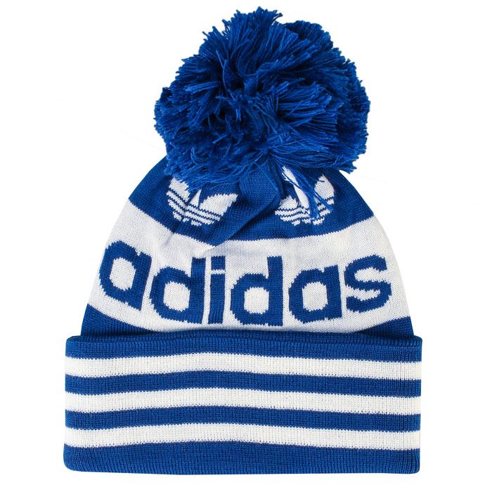 Mens adidas Originals Pompom Beanie  Royal Blue. <BR><BR>- Built in a soft knit  the beanie shows off its adidas DNA from the Trefoil all the way to the 3-Stripes.<BR>- Fold up brim.<BR>- Finishes with a jaunty pompom on top.<BR>- 100% acrylic. Machine washable.<BR>- Ref: ED8762.