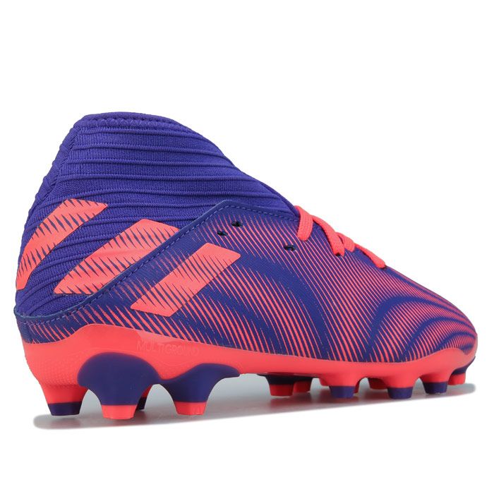 Childrens  adidas Nemeziz.3 MG Football Boots in purple.- Synthetic and textile upper.- Laceless construction.- Sock-like construction for the ultimate locked-down fit.- Lightly padded ankle.- TPU outsole with agility stud configuration.- Artificial grass football boots.- Regular fit.- Outsole designed for multiple generations of artificial grass.- Synthetic upper  Textile and Synthetic lining  Synthetic sole. - Ref.: EH0579