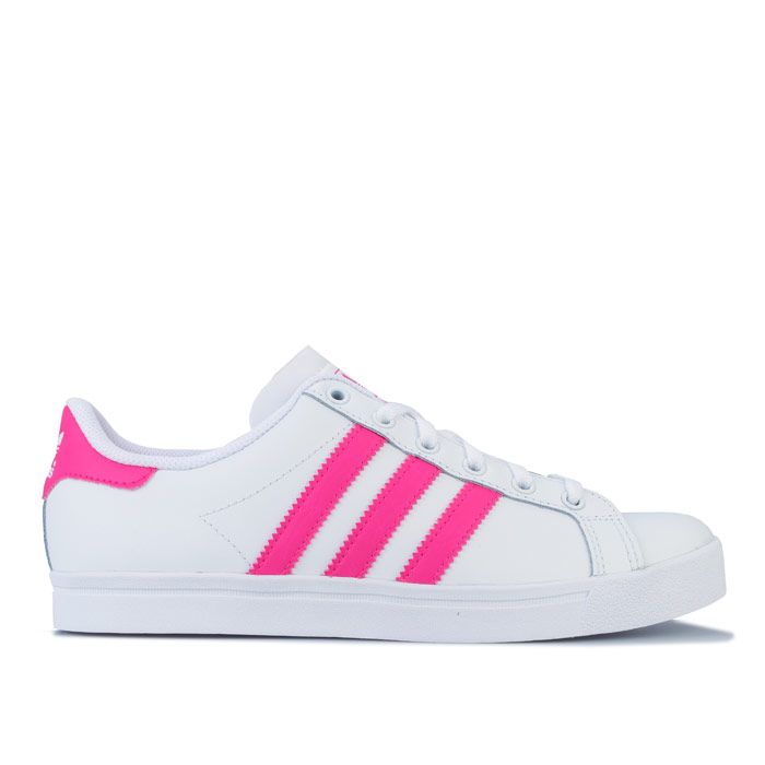 Junior Girls adidas Originals Coast Star Trainers in footwear White - shock Pink. – Smooth leather upper. – Lace closure. – Padded collar. – Synthetic leather 3-Stripes to sides. – Printed Trefoil branding to tongue. – Contrast heel patch with printed Trefoil logo. – Removable cushioned sockliner. – Herringbone-pattern rubber cupsole. – Leather and synthetic upper – Textile lining – Synthetic sole. – Ref: EE7464