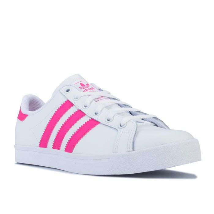 Junior Girls adidas Originals Coast Star Trainers in footwear White - shock Pink. – Smooth leather upper. – Lace closure. – Padded collar. – Synthetic leather 3-Stripes to sides. – Printed Trefoil branding to tongue. – Contrast heel patch with printed Trefoil logo. – Removable cushioned sockliner. – Herringbone-pattern rubber cupsole. – Leather and synthetic upper – Textile lining – Synthetic sole. – Ref: EE7464