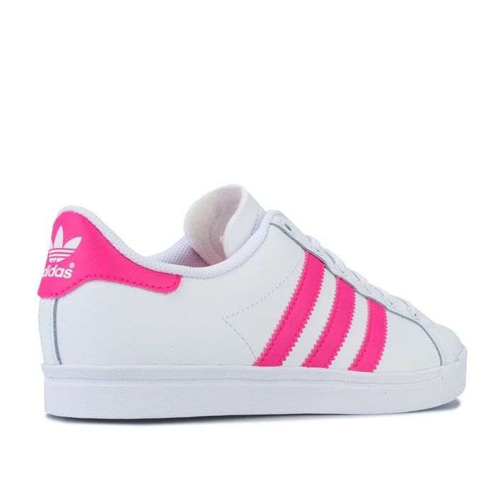Junior Girls adidas Originals Coast Star Trainers in footwear White - shock Pink. – Smooth leather upper. – Lace closure. – Padded collar. – Synthetic leather 3-Stripes to sides. – Printed Trefoil branding to tongue. – Contrast heel patch with printed Trefoil logo. – Removable cushioned sockliner. – Herringbone-pattern rubber cupsole. – Leather and synthetic upper – Textile lining – Synthetic sole. – Ref: EE7464