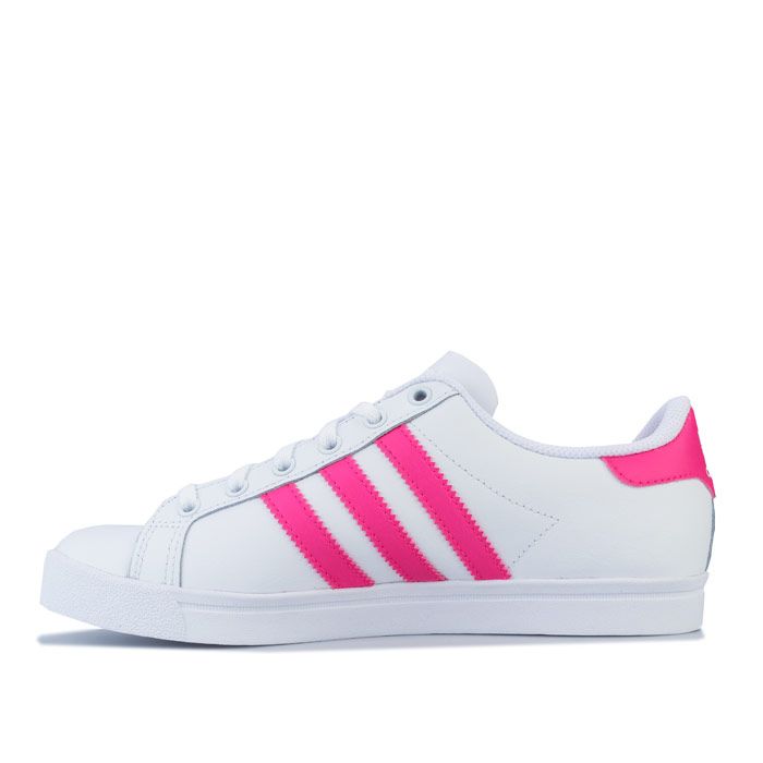 Junior Girls adidas Originals Coast Star Trainers in footwear White - shock Pink. – Smooth leather upper. – Lace closure. – Padded collar. – Synthetic leather 3-Stripes to sides. – Printed Trefoil branding to tongue. – Contrast heel patch with printed Trefoil logo. – Removable cushioned sockliner. – Herringbone-pattern rubber cupsole. – Leather and synthetic upper – Textile lining – Synthetic sole. – Ref: EE7464