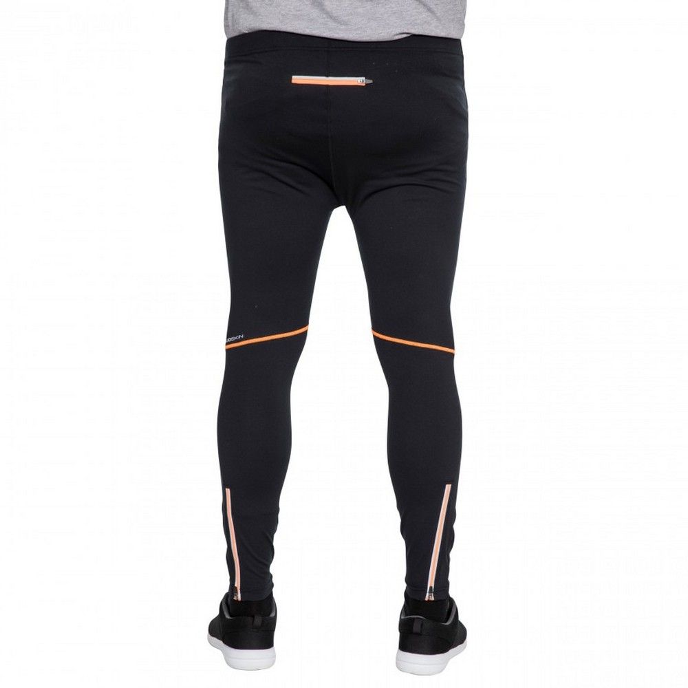 Full length leggings. Inner drawcord at waist. 1 zip pocket at back waist. Ankle zips. Contrast stitching. Reflective prints and logos. Wicking. Quick dry. 92% polyester, 8% elastane. Trespass Mens Waist Sizing (approx): S - 32in/81cm, M - 34in/86cm, L - 36in/91.5cm, XL - 38in/96.5cm, XXL - 40in/101.5cm, 3XL - 42in/106.5cm.