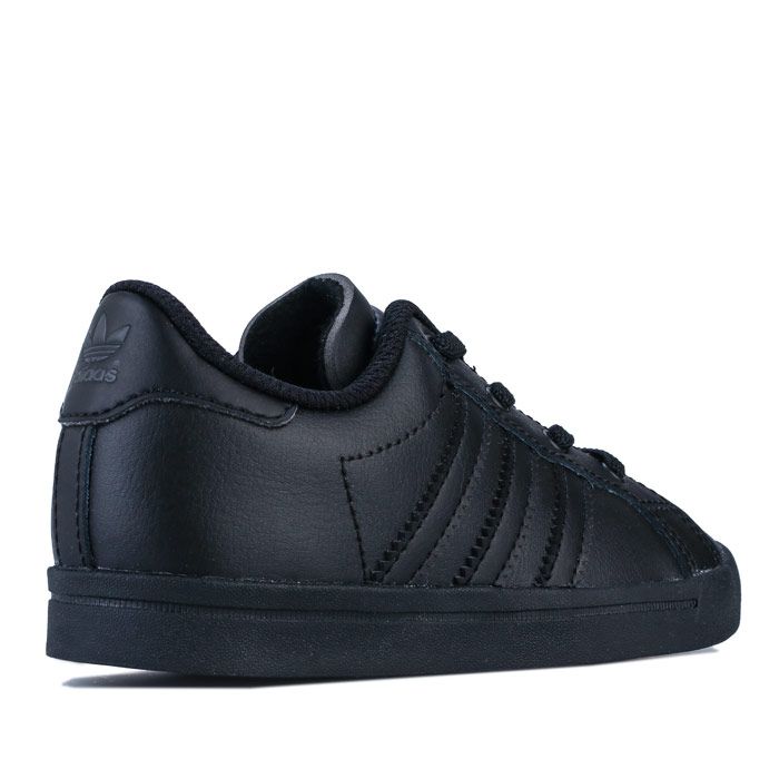Infant Boys adidas Originals Coast Star Trainers in core Black - grey six. – Coated leather upper. – Elasticated lace closure for easy on-off. – Padded collar. – Synthetic leather 3-Stripes to sides. – Printed Trefoil branding to tongue. – Contrast heel patch with printed Trefoil logo. – Removable Ortholite sockliner for comfort and odour control. – Herringbone-pattern rubber cupsole. – Includes set of regular laces. – Leather and synthetic upper – Textile lining – Synthetic sole. – Ref: EE9810