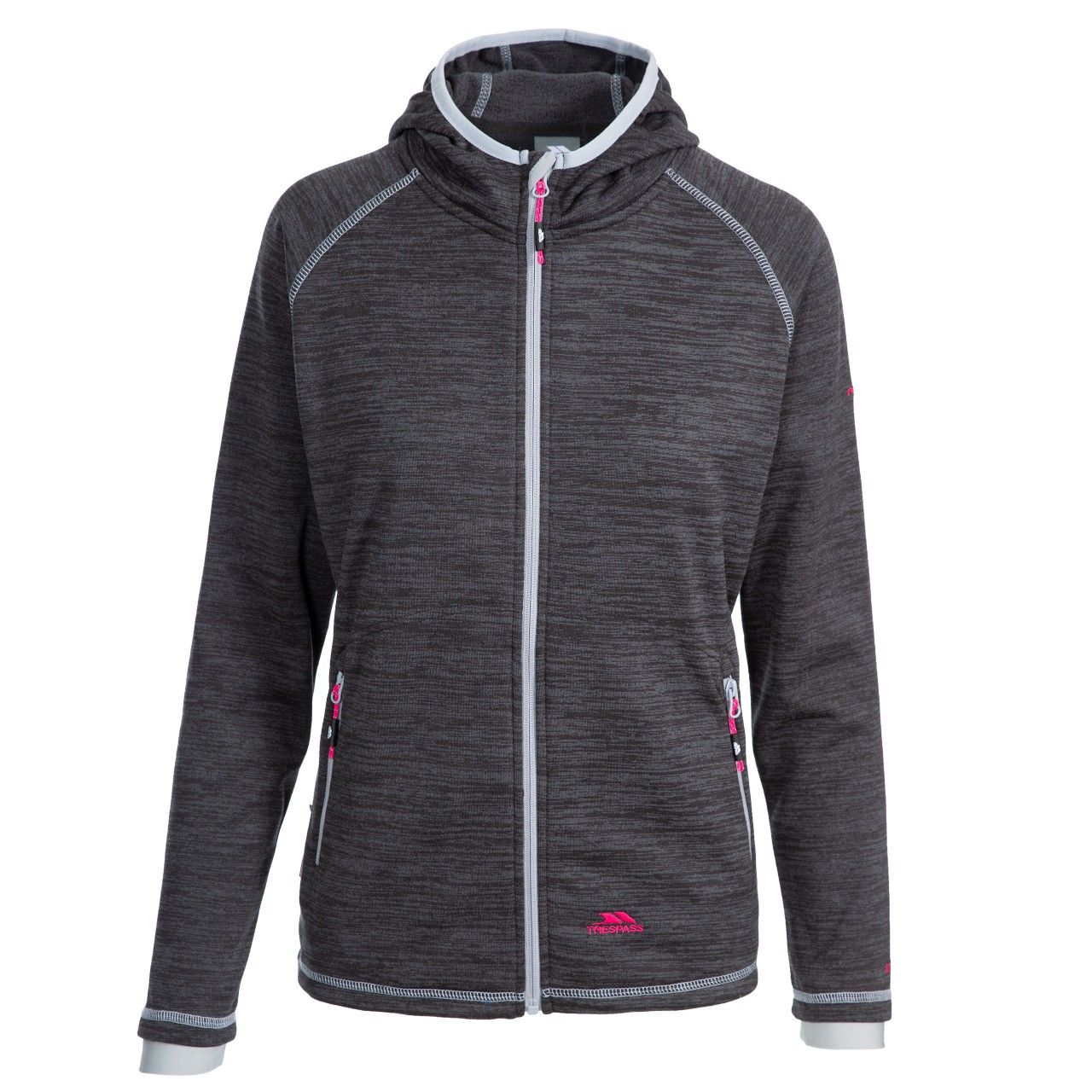 Melange fleece with brushed back. Hooded style. Full front zip with inner facing. 2 zip pockets. Inner stretch cuff. Stretch binding at hood. Coverstitch detail. 230gsm. 100% Polyester. Trespass Womens Chest Sizing (approx): XS/8 - 32in/81cm, S/10 - 34in/86cm, M/12 - 36in/91.4cm, L/14 - 38in/96.5cm, XL/16 - 40in/101.5cm, XXL/18 - 42in/106.5cm.