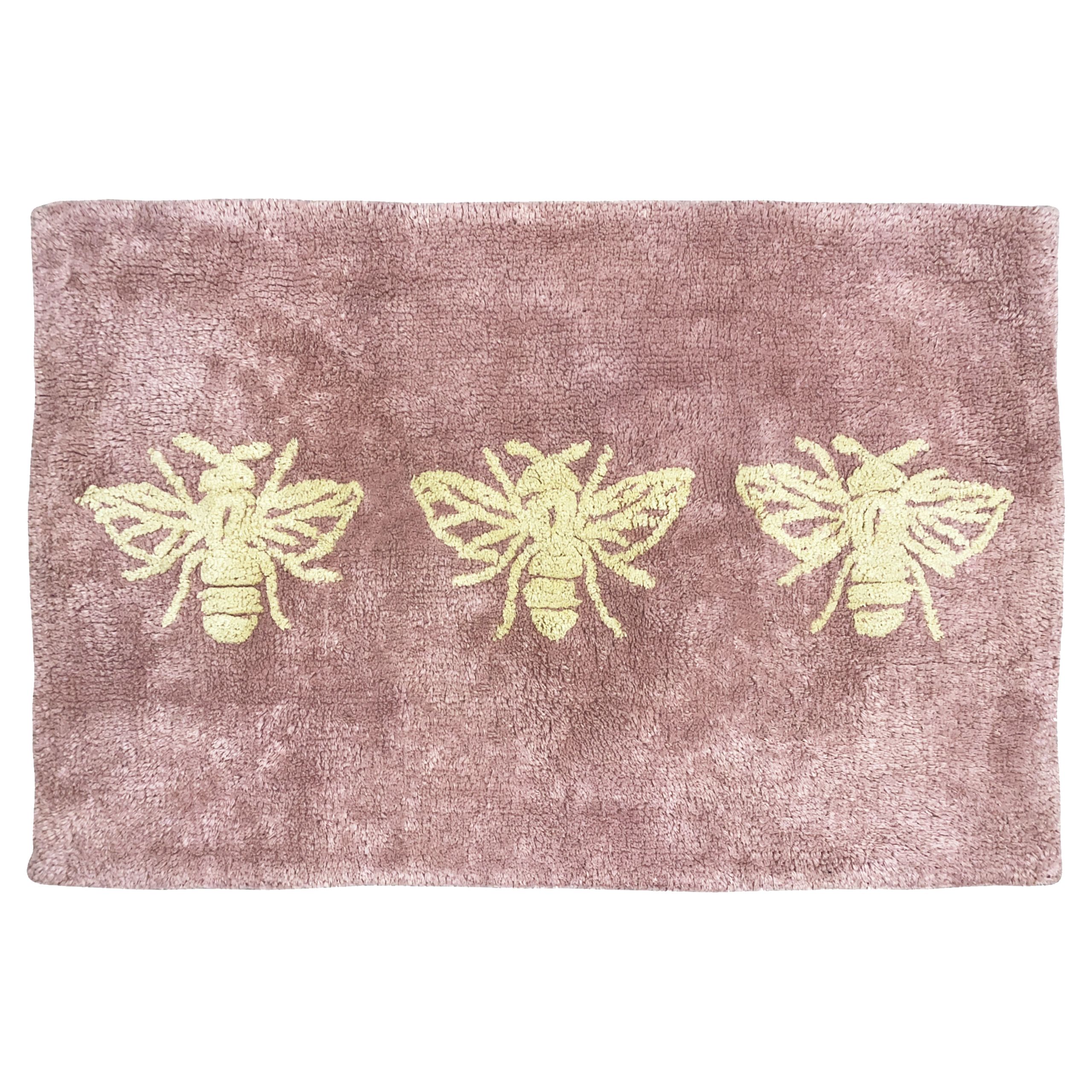 Featuring a tufted Bumblebee design on a blush pink cotton fabric. Made from 100% Cotton, making this bath mat incredibly soft under foot. This bath mat has an anti-slip quality, keeping it securely in place on your bathroom floor. The 1800 GSM ensures this bath mat is super absorbent preventing post-bath or shower puddles.