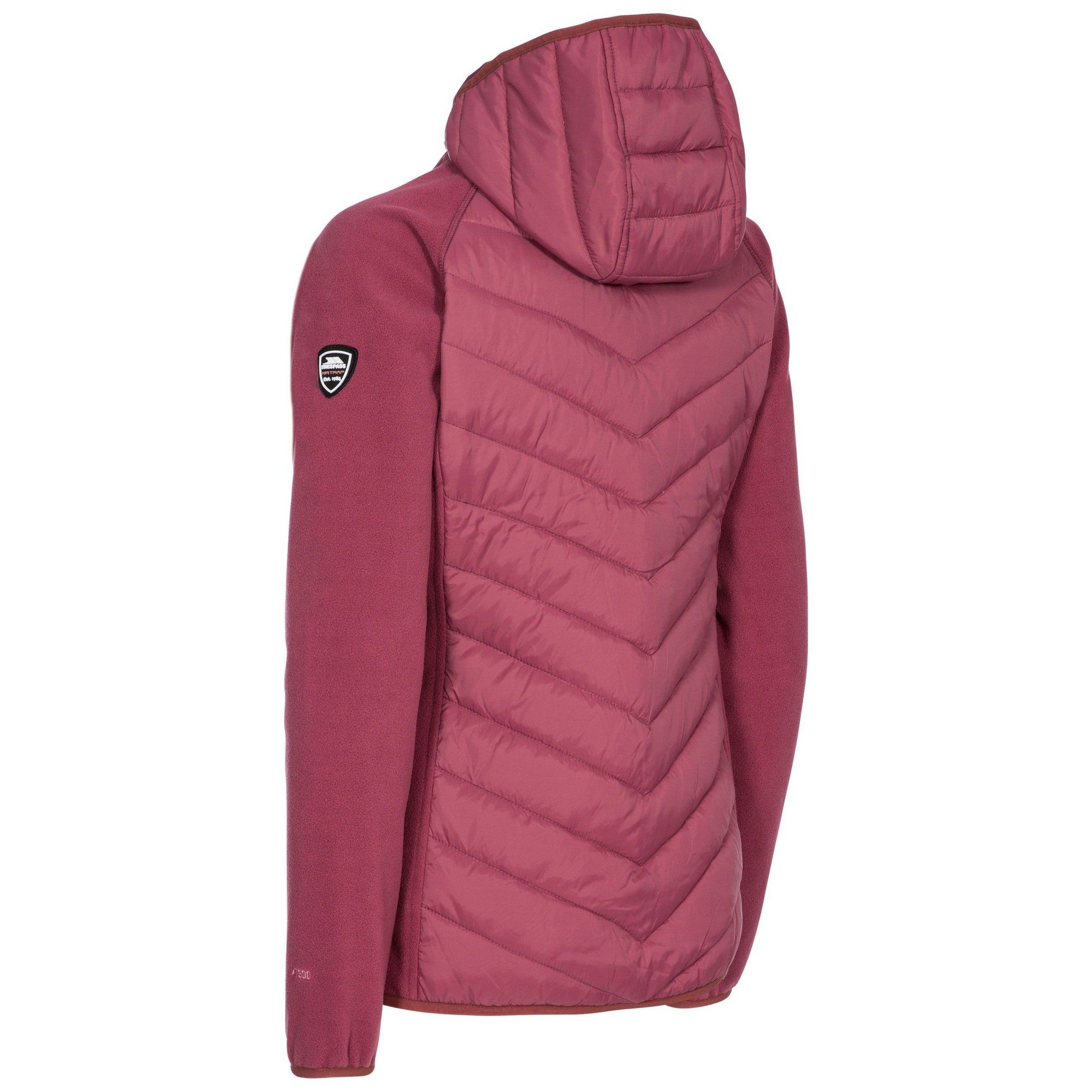 Fleece jacket. Soft touch padded panels. Grown on hood. Chin guard. 2 low profile zip pockets. Stretch binding at edges. 100% Polyester/100% Polyamide. Trespass Womens Chest Sizing (approx): XS/8 - 32in/81cm, S/10 - 34in/86cm, M/12 - 36in/91.4cm, L/14 - 38in/96.5cm, XL/16 - 40in/101.5cm, XXL/18 - 42in/106.5cm.