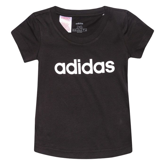 Infant Girls adidas Linear T-Shirt in black-white.<BR><BR>-  Ribbed crew neck.<BR>- Short sleeves.<BR>- Graphic print on chest.<BR>- Slim fit.<BR>- Main material: 100% Cotton. Machine washable. <BR>- Ref: EH6173