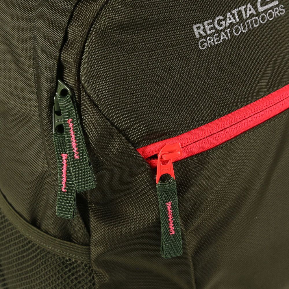 Hardwearing polyester fabric. Padded adjustable backstraps. Zipped front pocket. Mesh side pockets. Reflective trim. Easy grab zip pullers.