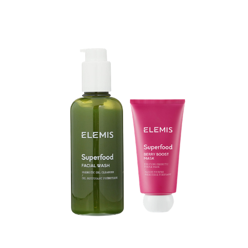 The Superfood Cleansing Duo contains: Elemis Superfood Berry Boost Mask 75ml and Elemis Superfood Facial Wash Prebiotic Gel Cleanser 200ml. Balance and revitalise your T-zone with this anti-oxidant packed pair - watch your skin glow!