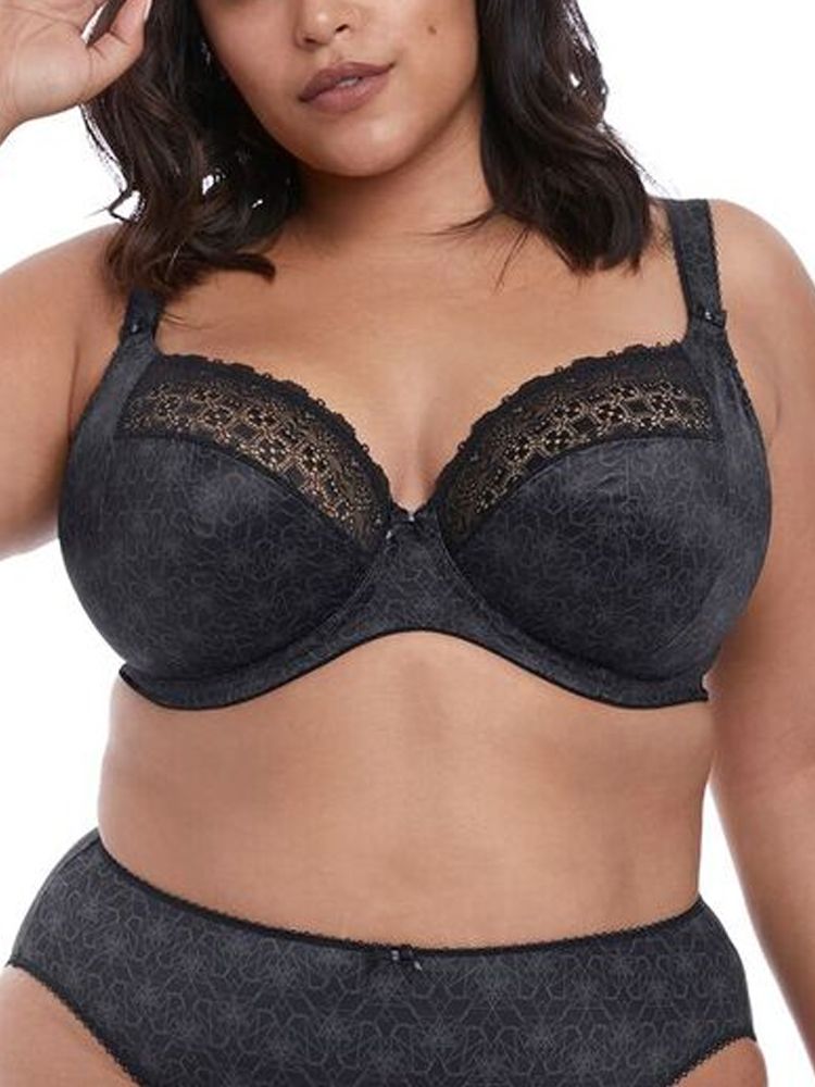Elomi Kim, feel comfortable all day long in this beautiful plus sized banded side support plunge bra.  The underwired cups are non padded with geometric prints and chic lace trims.  The stretch lace fabric and three section cups with side support provide added comfort and a forward projection.  The low cut front gives uplift and plunge without push up.  It is ideal to wear under low cut tops and dresses.  This bra is a must have!