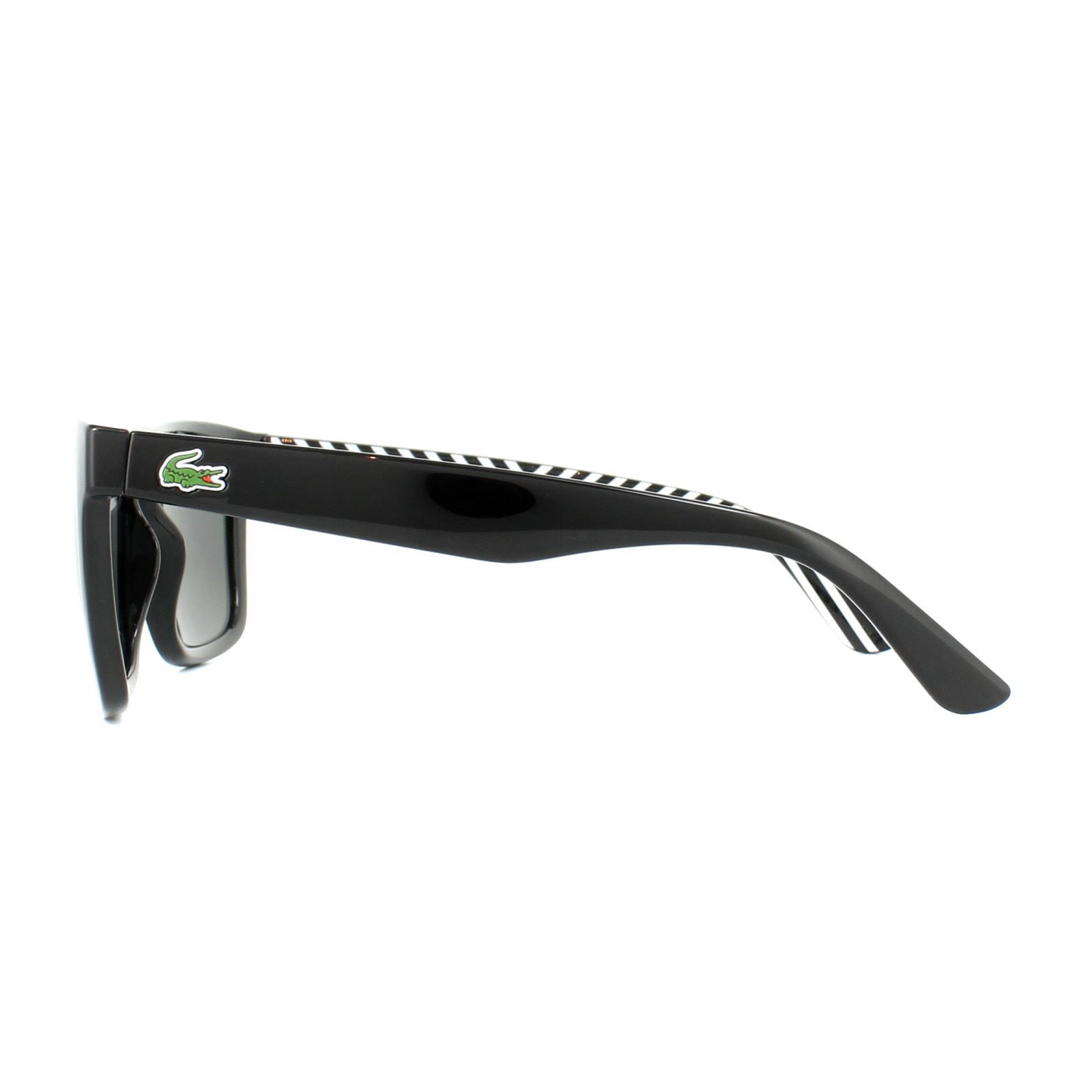 Lacoste Sunglasses L750S 001 Black Grey are a simple style with a classic rectangular look with the instantly recognisable alligator logo on the temple. AN interesting black and white inside pattern completes the look.