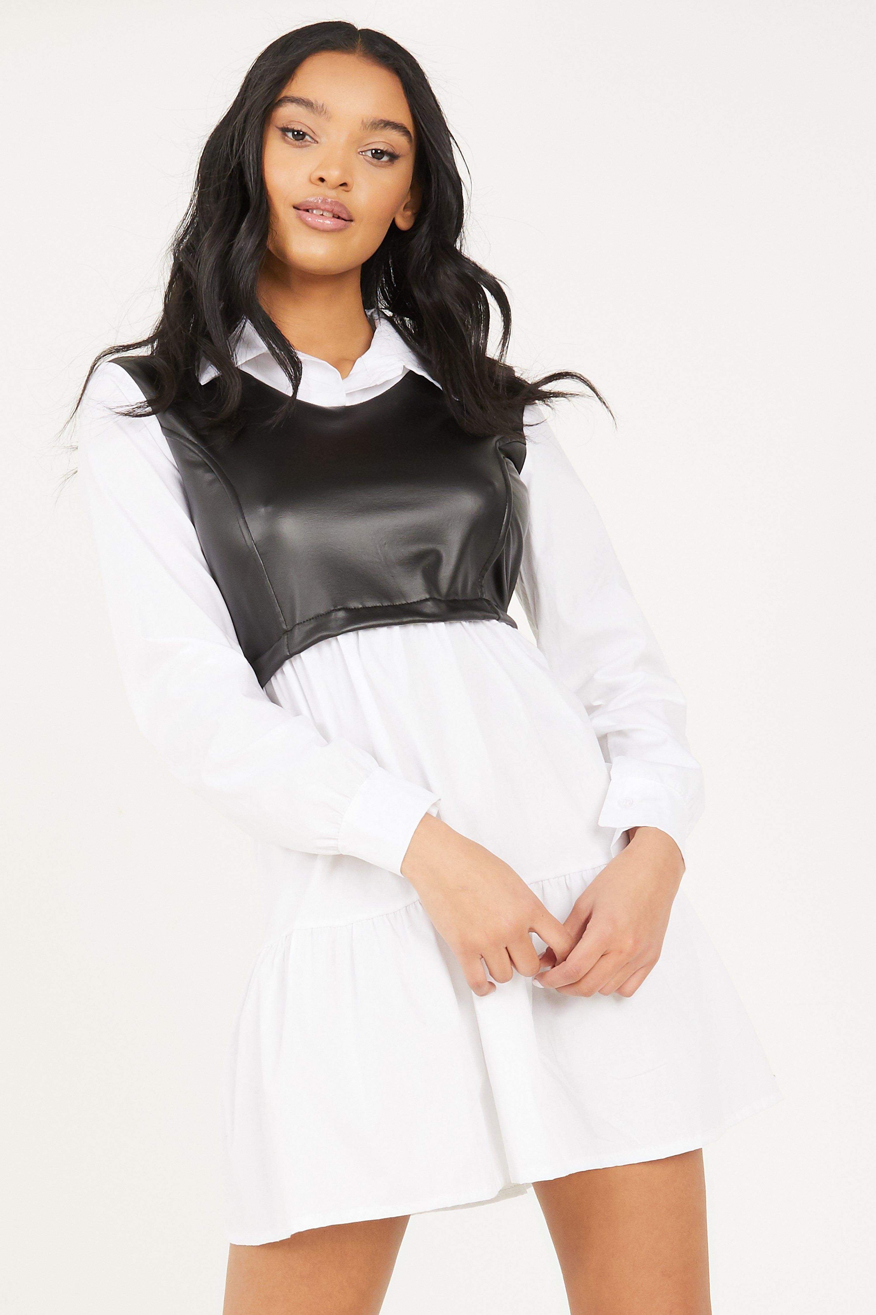 - Faux leather detail  - Shirt dress  - Long sleeve  - Tiered skirt   - 2 in 1 style  - Length: 90cm approx  - Model Height: 5' 8