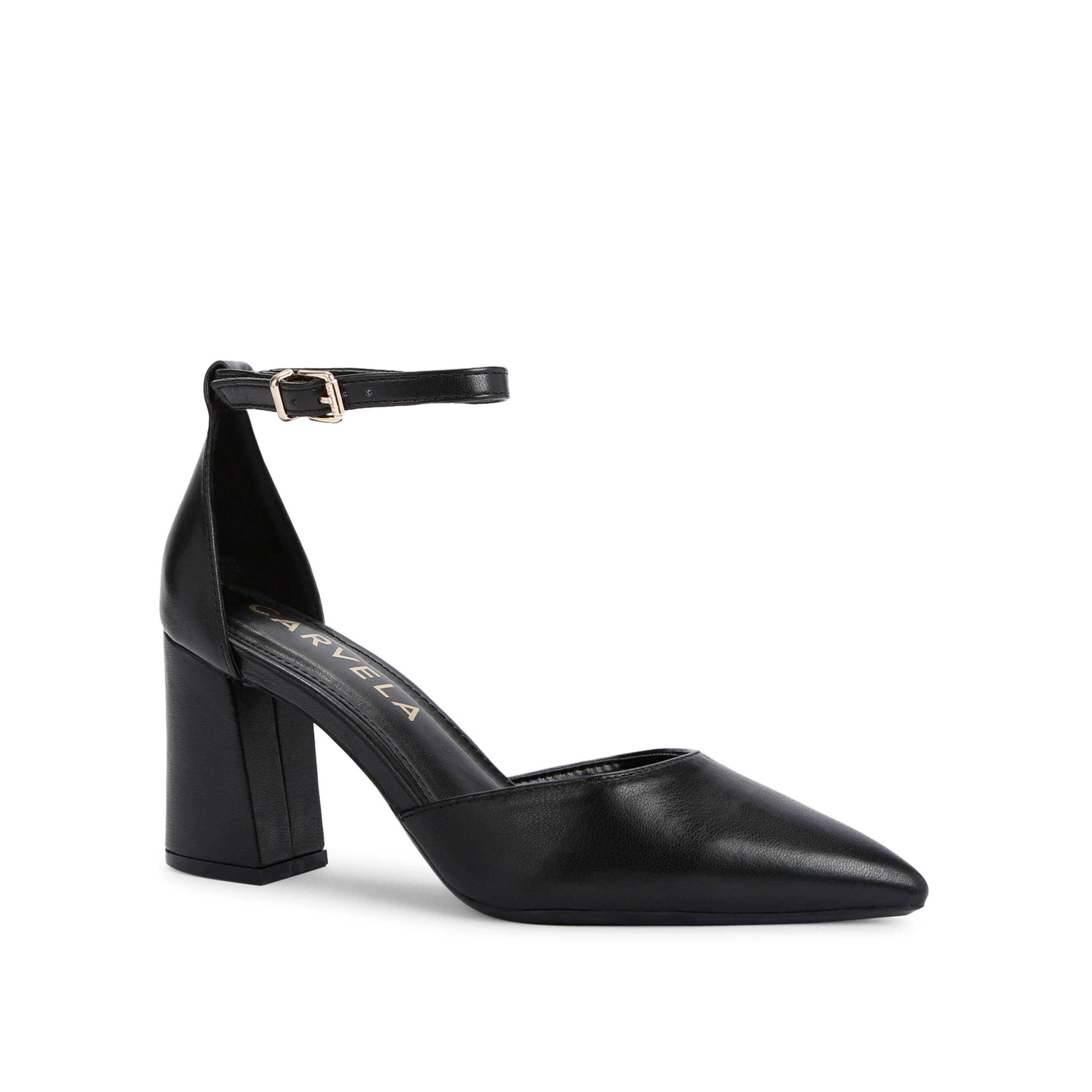 The Refined Court features a black upper with closed toe and single ankle strap. The strap is tied with golden buckle and the heel is in a block style. Heel height: 80mm.