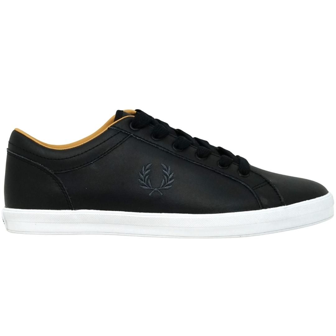 Fred Perry Baseline leather B6158 102 Black Trainers. Fred Perry Black Trainers. Style: B6158 102. Branded Logo On Tounge. Lace Fasten Trainers. Branded Badge On Side Of Shoe