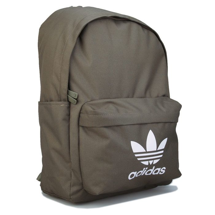 adidas Originals Adicolor Classic Backpack in khaki.- Padded adjustable shoulder straps.- Front zip pocket.- Side water bottle pockets.- Trefoil branding to front.- Dimensions: 17 cm x 30 cm x 44 cm.- Main material: 100% Recycled polyester.  Lining: 100% Polyester (Recycled).  Padding: 100% Polyethylene.- Ref: GL7471Measurements are intended for guidance only